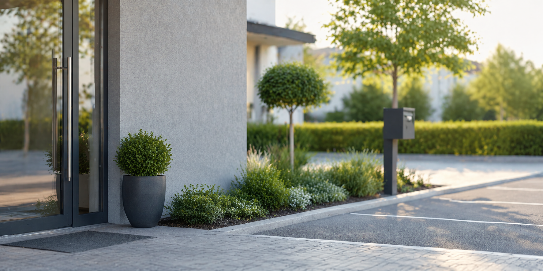 Eingangsbereich eines Firmengebäudes mit Wandmontage, typisches Einsatzumfeld für personalisierbare Schilder aus Alu-Verbund.