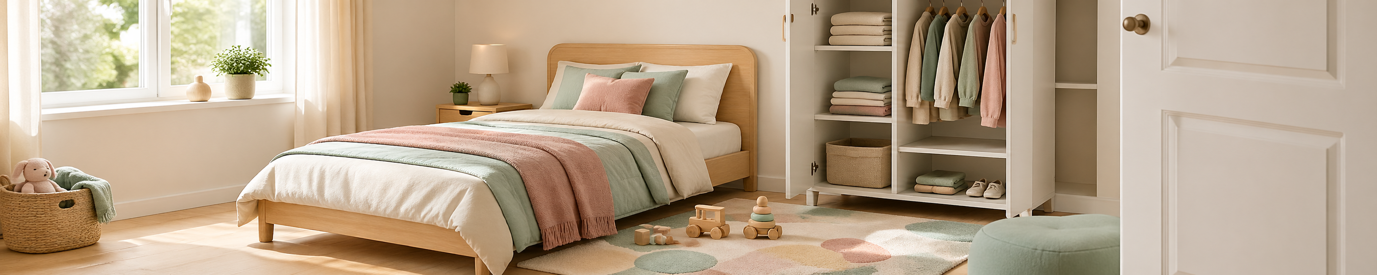 Helles Kinderzimmer mit Holzbett, Spielecke und freundlich gestalteter Zimmertür – typisches Umfeld für Türaufkleber.