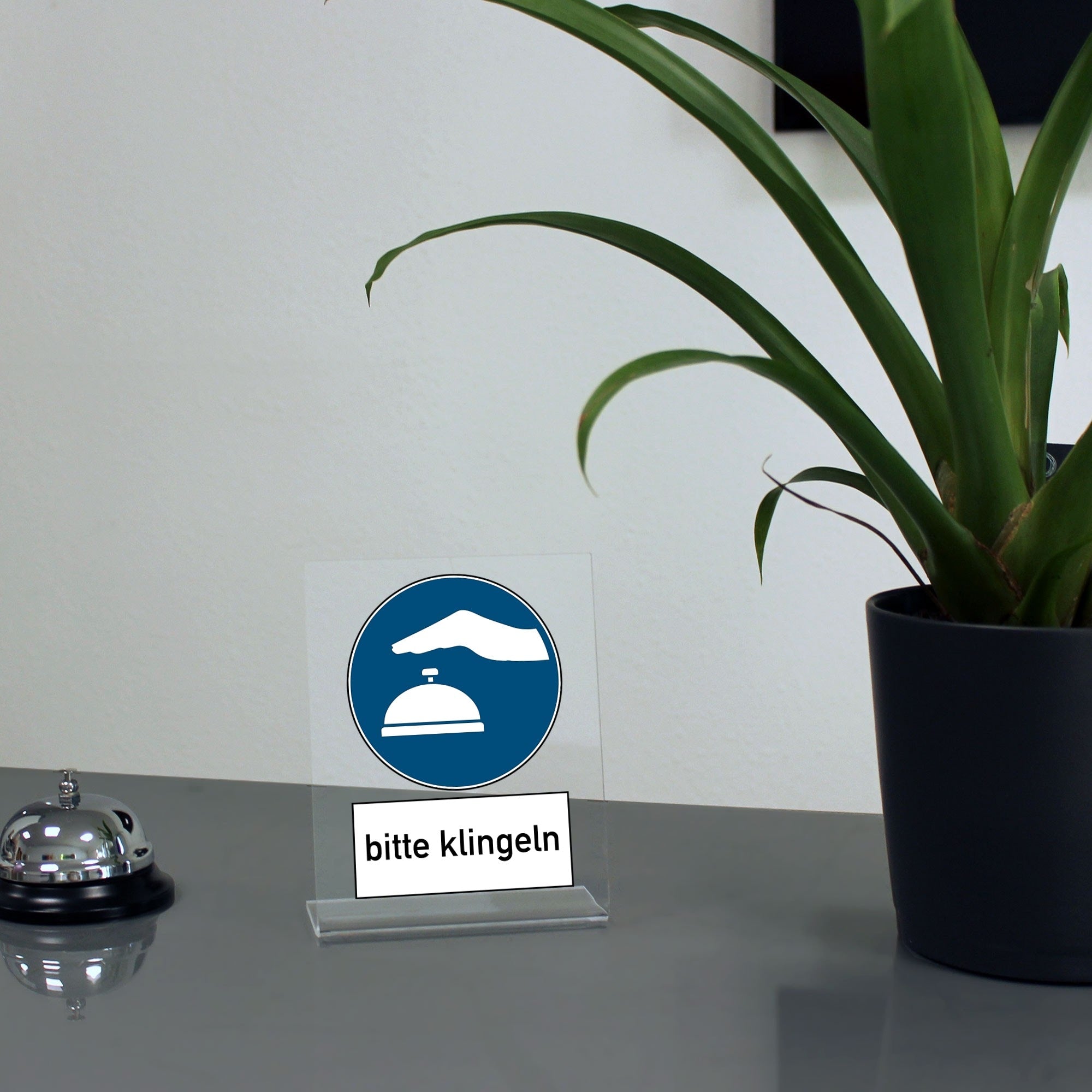 Acrylaufsteller mit "Bitte klingeln" Aufschrift, ca. 100x150 mm, transparent, für Tür- oder Eingangsbereich, von aufkleberdrucker.de