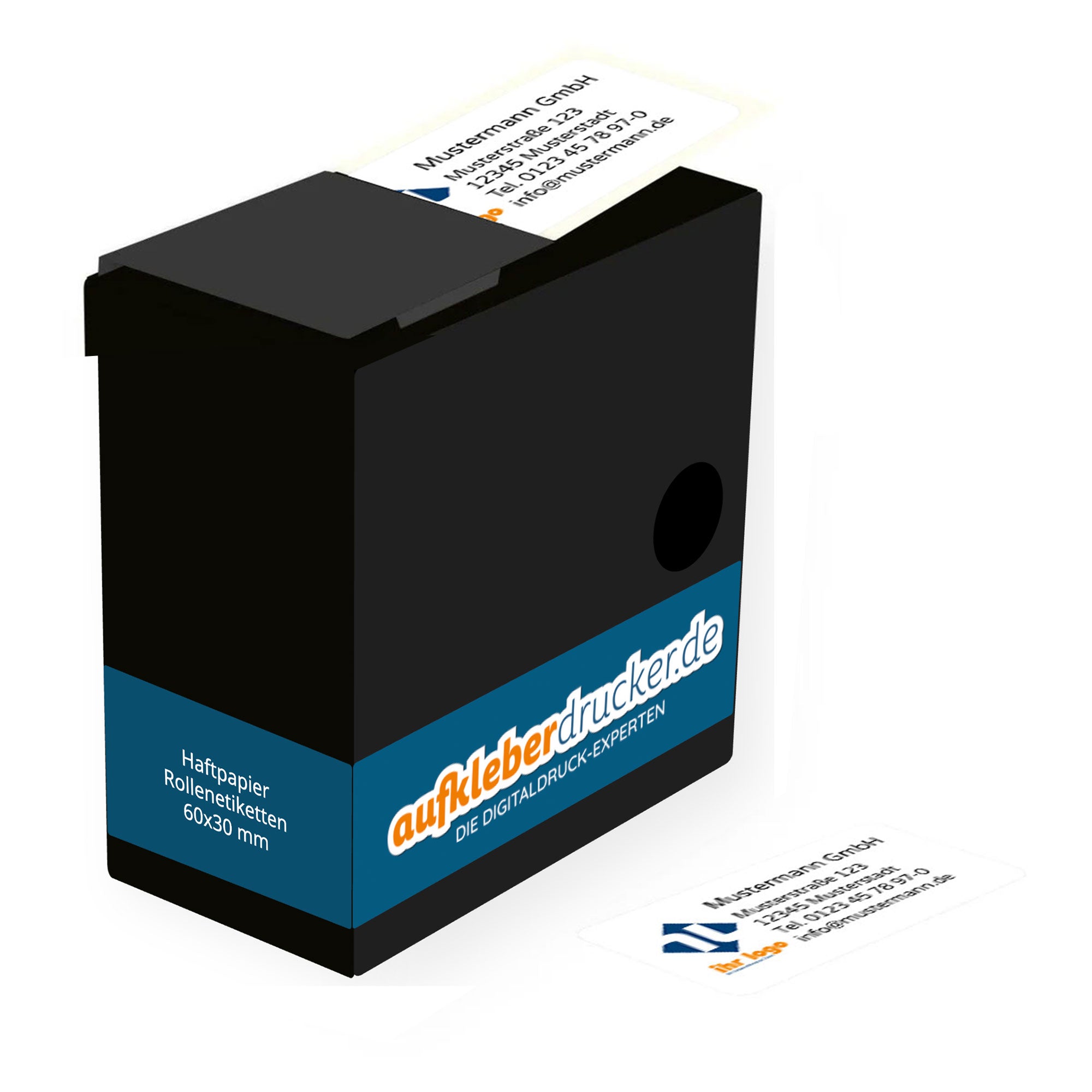 Adress-Etiketten mit Logo, 60x30 mm, 250 Stück aufkleberdrucker.de, in Spenderkarton, Rollenetikett für Versand und Organisation