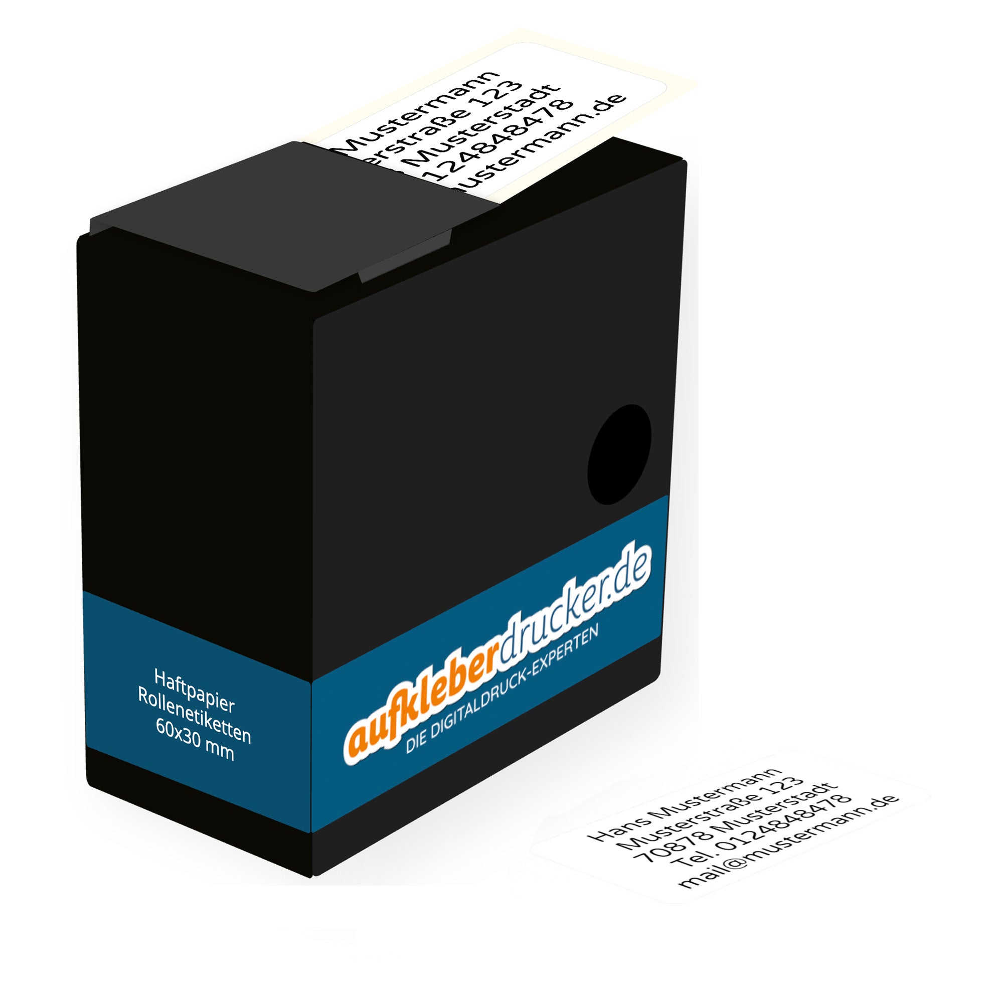 Adress-Etiketten mit Logo, 60x30 mm, 250 Rollenetiketten in Spenderkarton, ideal für schnelle Versandbeschriftung