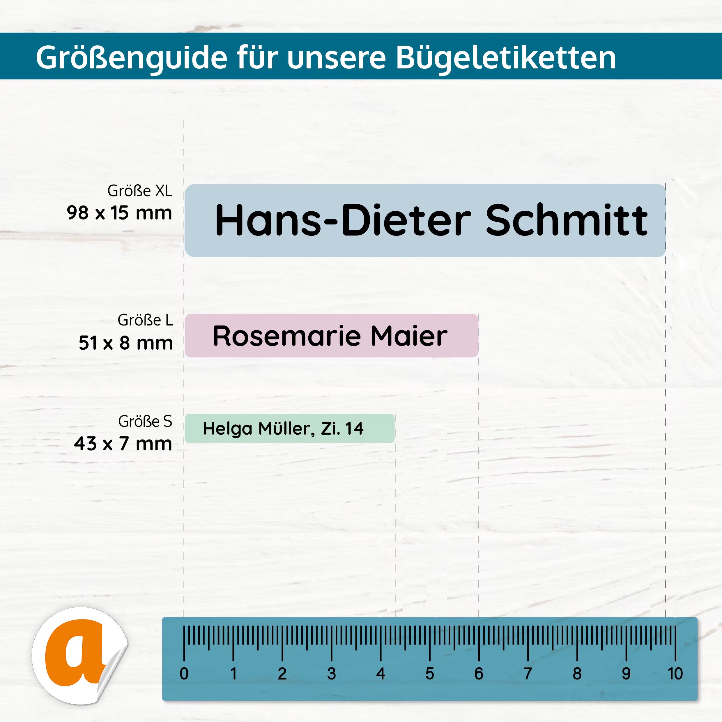 Bügeletiketten für Senioren in verschiedenen Größen, aufkleberdrucker.de, für Pflege- und Altenheime, zum Kennzeichnen von Kleidung