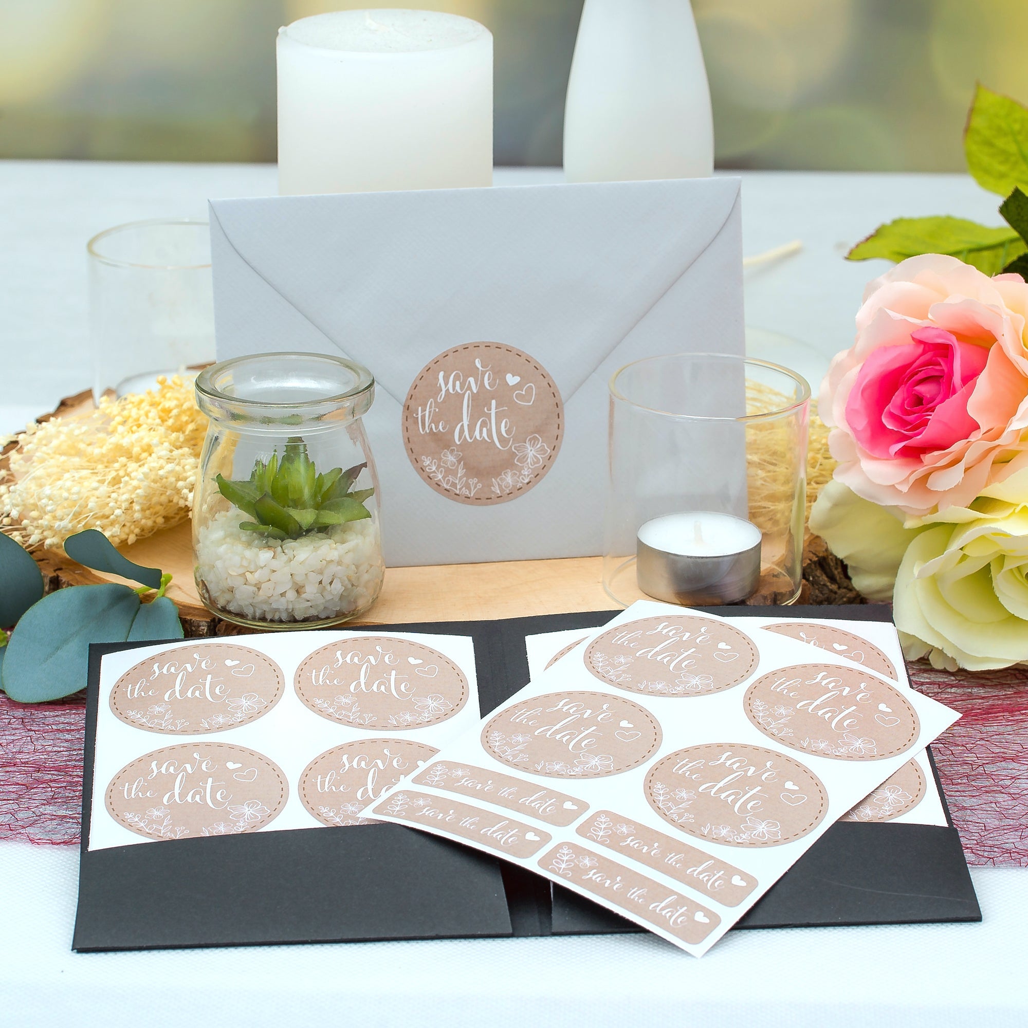 Hochzeit-Aufkleber aus Papierdekor mit verschiedenen Größen und Texten, perfekt für Save the Date Karten, von aufkleberdrucker.de