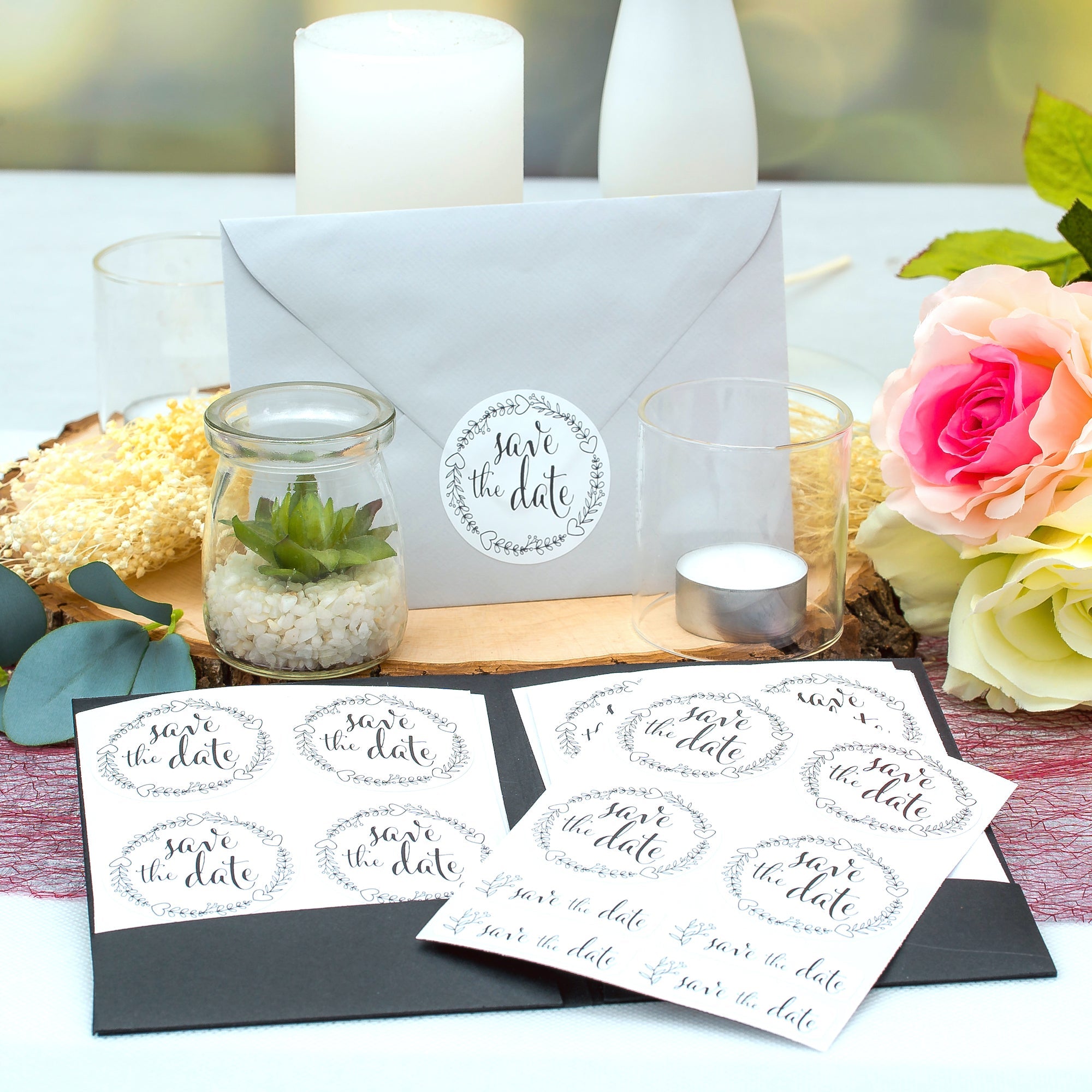 Schwarz-weiße Hochzeitsaufkleber von aufkleberdrucker.de, Set mit 80 variierenden Größen und Texten für Save the Date Karten