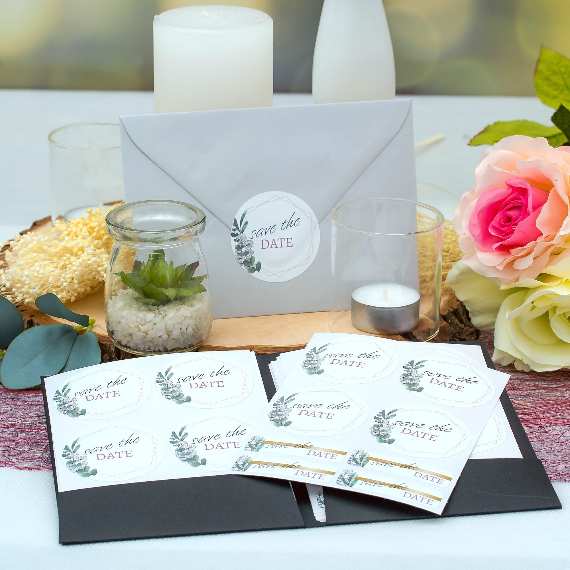 Hochzeitsaufkleber mit Eukalyptus-Design, Set mit 80 Aufklebern in verschiedenen Größen und Texten, für Save-the-Date.