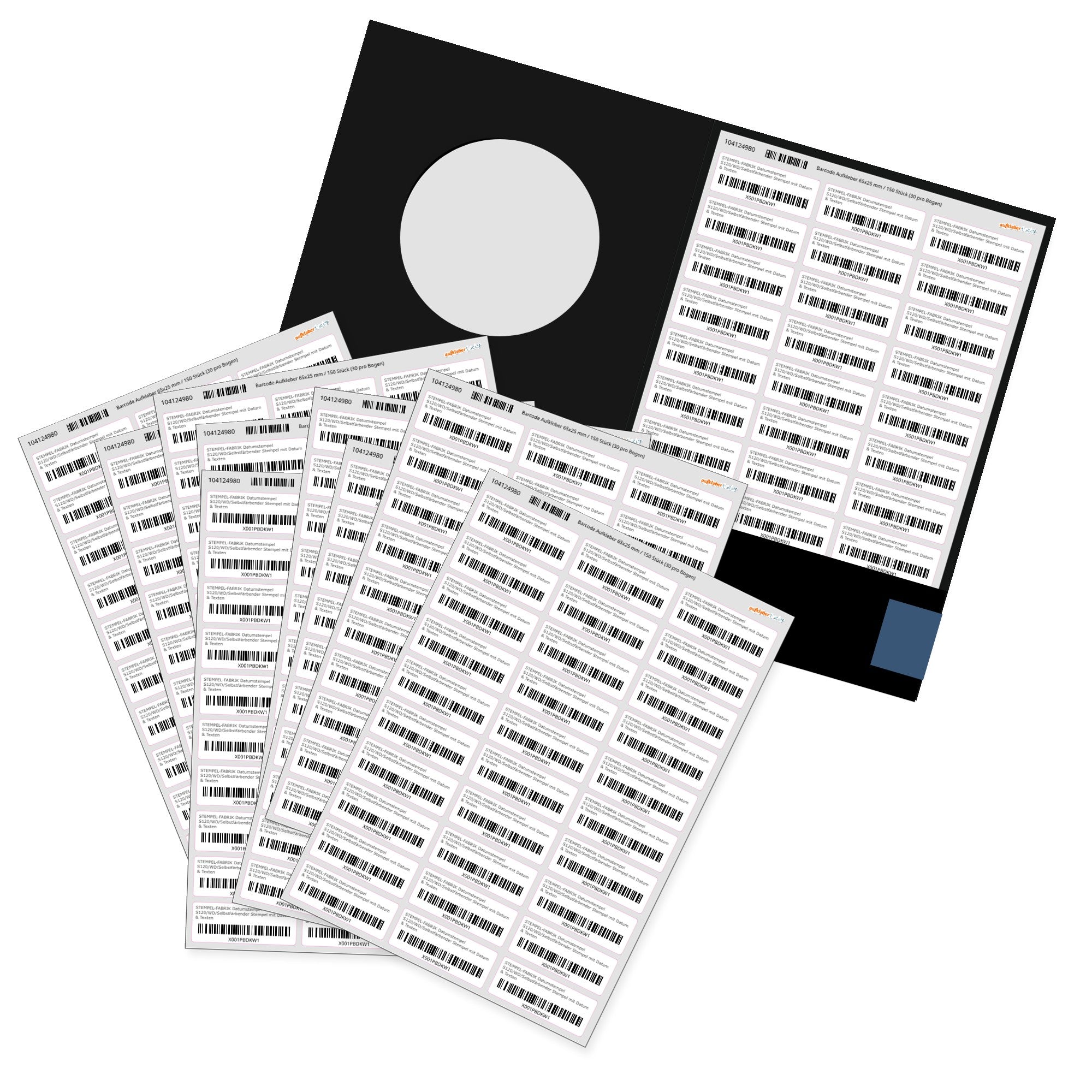 Matte Barcode-Aufkleber 65x25 mm von aufkleberdrucker.de, 150 Stück auf 5 A3-Bögen, detailreiche Produktaufnahme
