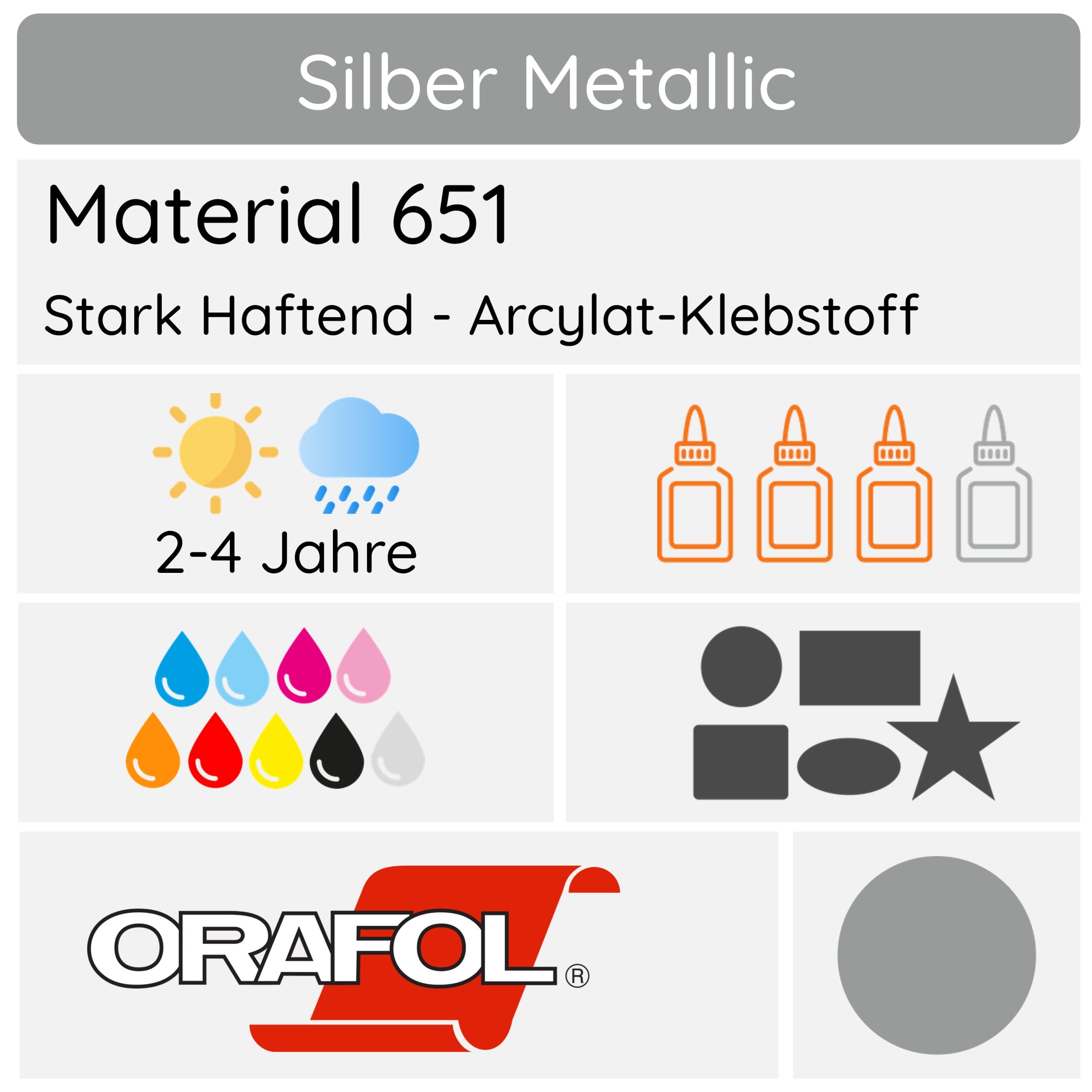Silberner metallic Aufkleber von Orafol mit glänzender, reflektierender Oberfläche auf weißem Hintergrund.