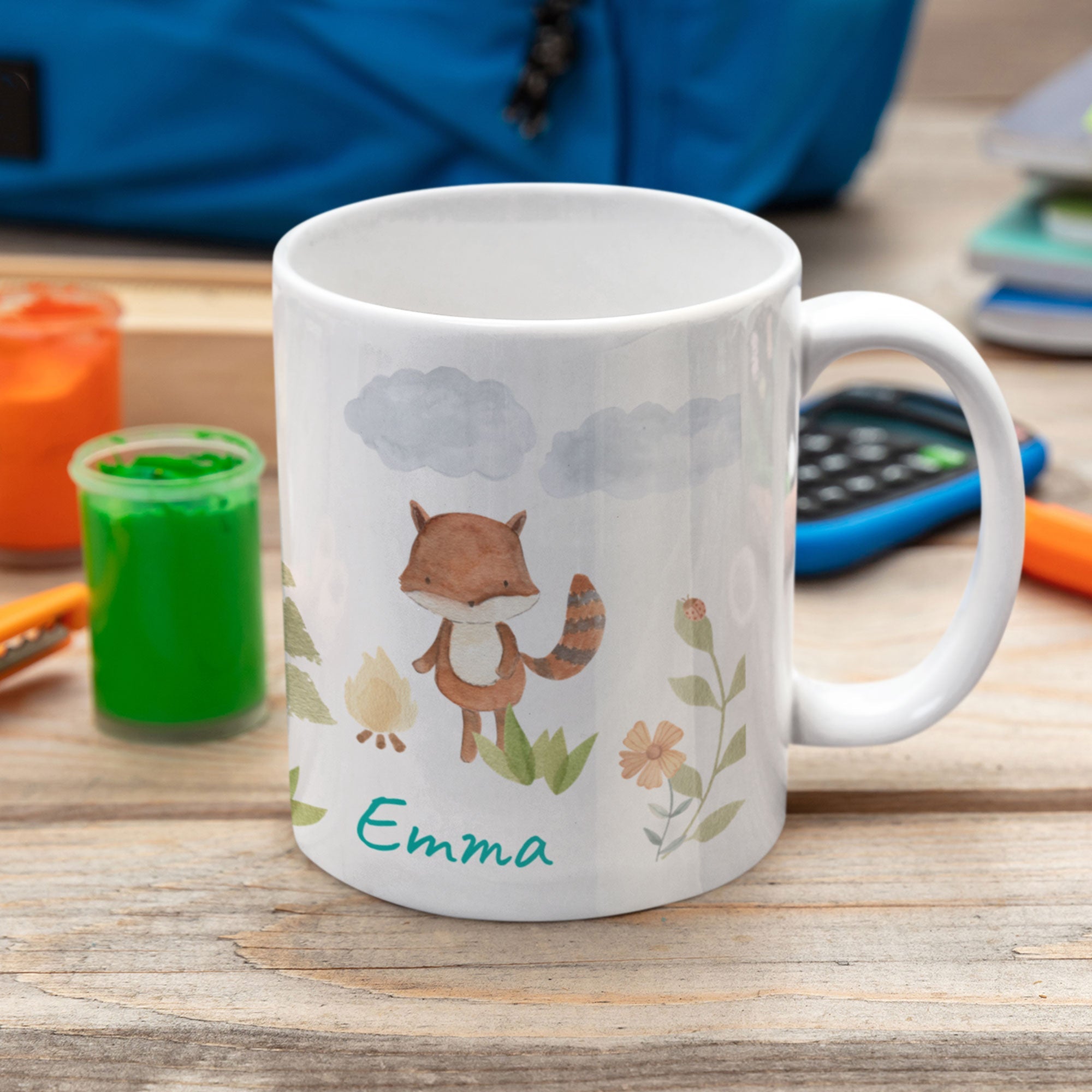 Personalisierte Kindertasse mit Namen, Aquarell-Welten Motiv, bunter Wald, kindgerechte Keramttasse, für Kinder, mit individuellem Namen
