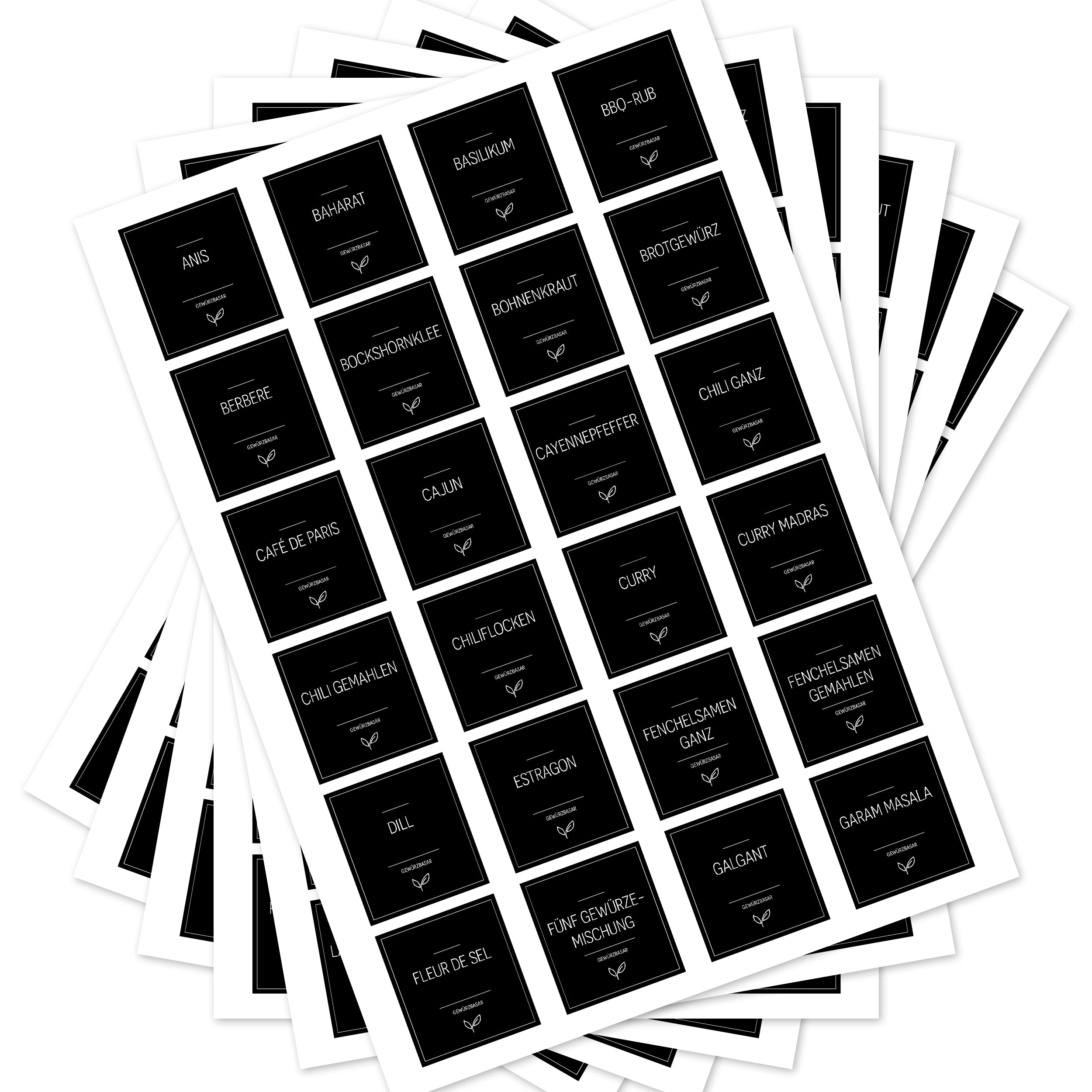 Schwarze Gewürzetiketten für Gläser, rechteckig, mit weißer Beschriftung, im Set mit 144 Aufklebern, von aufkleberdrucker.de