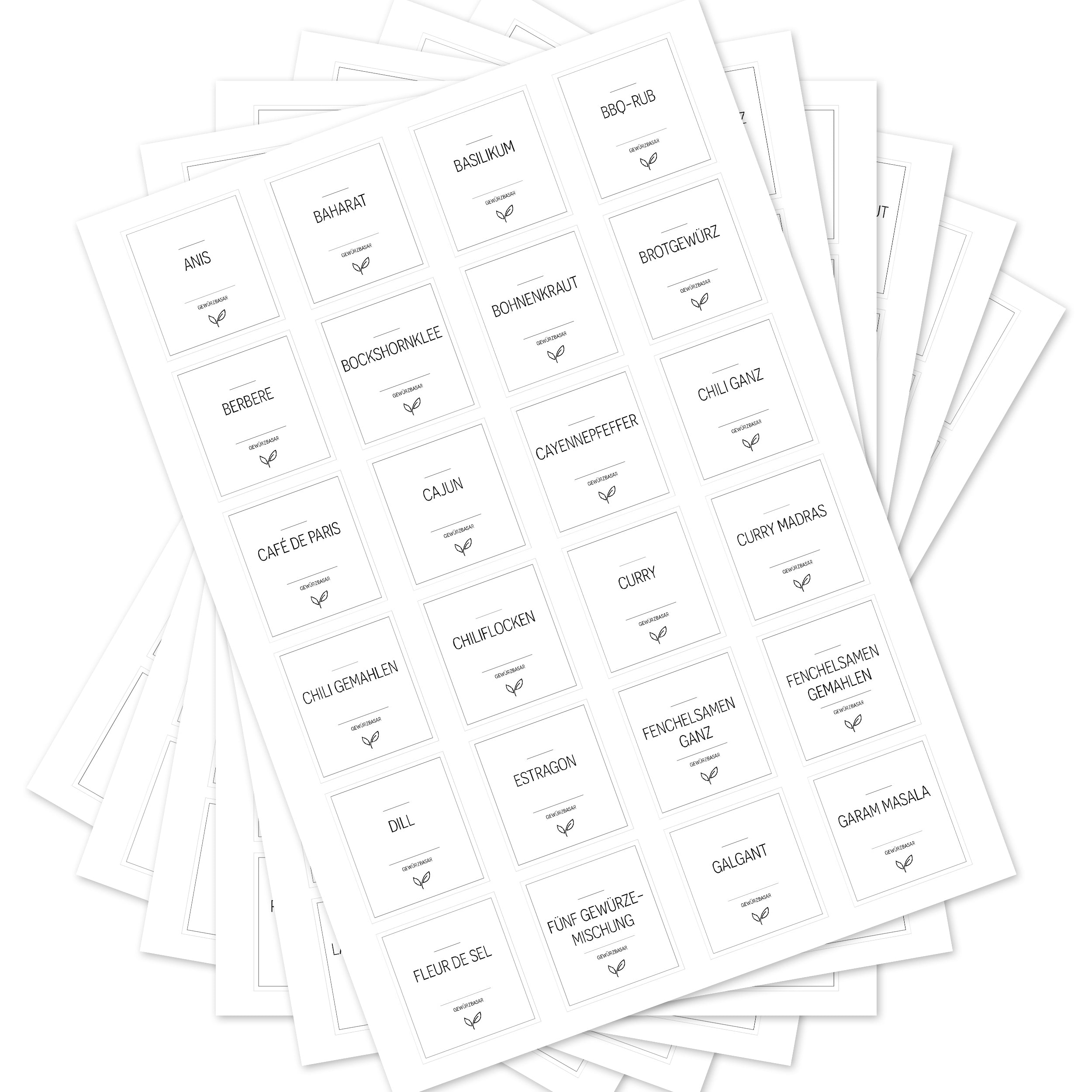 Weiße, eckige Gewürzetiketten von aufkleberdrucker.de für Gläser, 144 Stück, ideal zum Beschriften von Gewürzgläsern.
