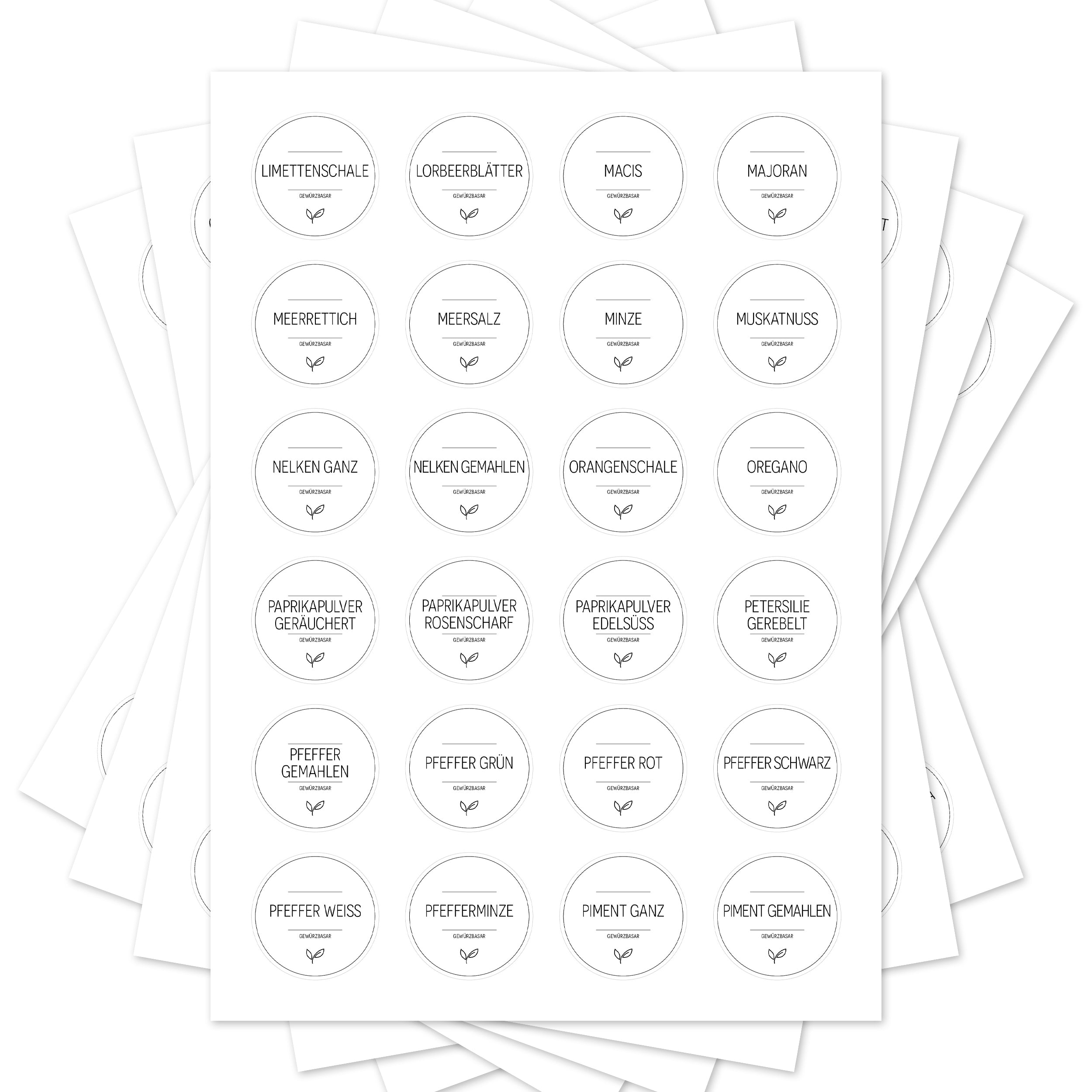 Runde weiße Gewürzetiketten für Gläser, 144 Stück, mit schwarzem Druck, ideal für Gewürzbasar und Küchenorganisation