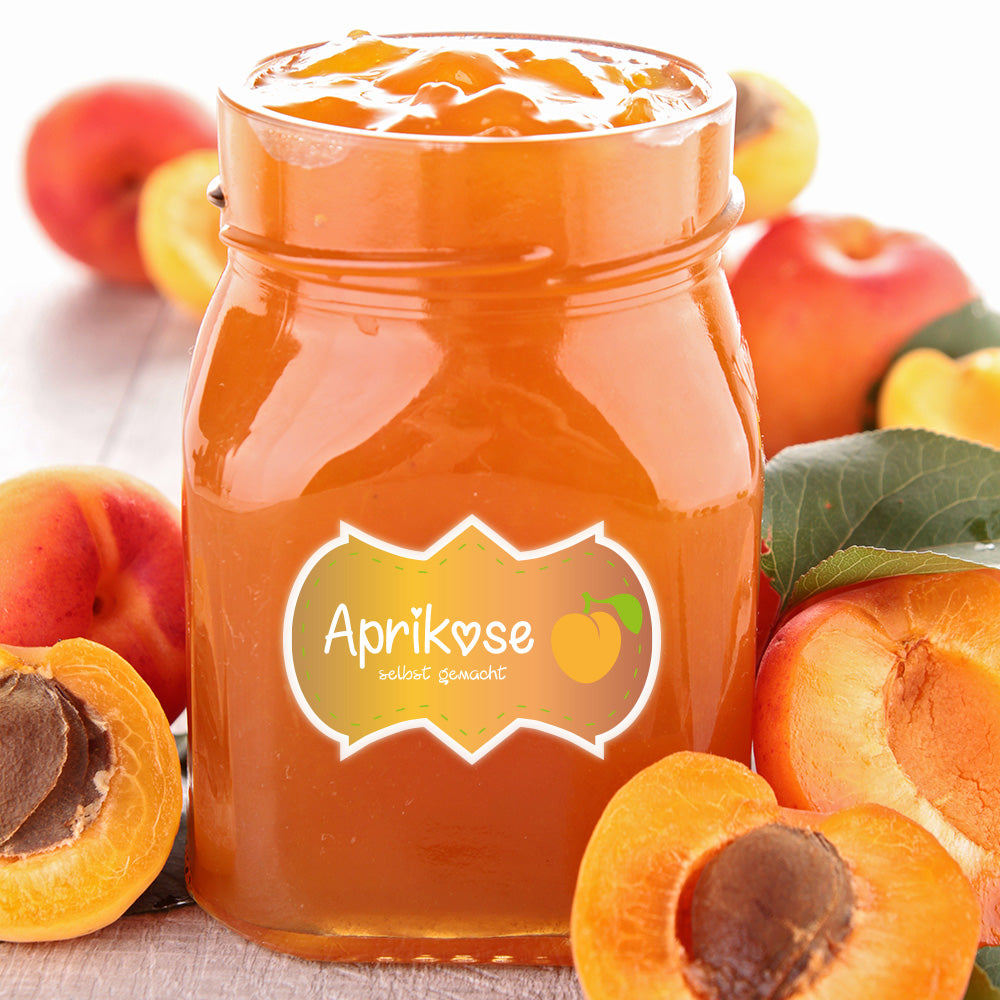 Set mit drei Bögen Aprikosenmarmeladen-Aufkleber, fruchtiges Design, ideal für Gläser und Verpackungen, aufkleberdrucker.de