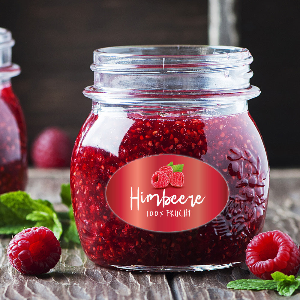 Himbeermarmelade Aufkleber im Set mit drei Bögen, fruchtiges Design auf transparentem Hintergrund, perfekt für Gläser.