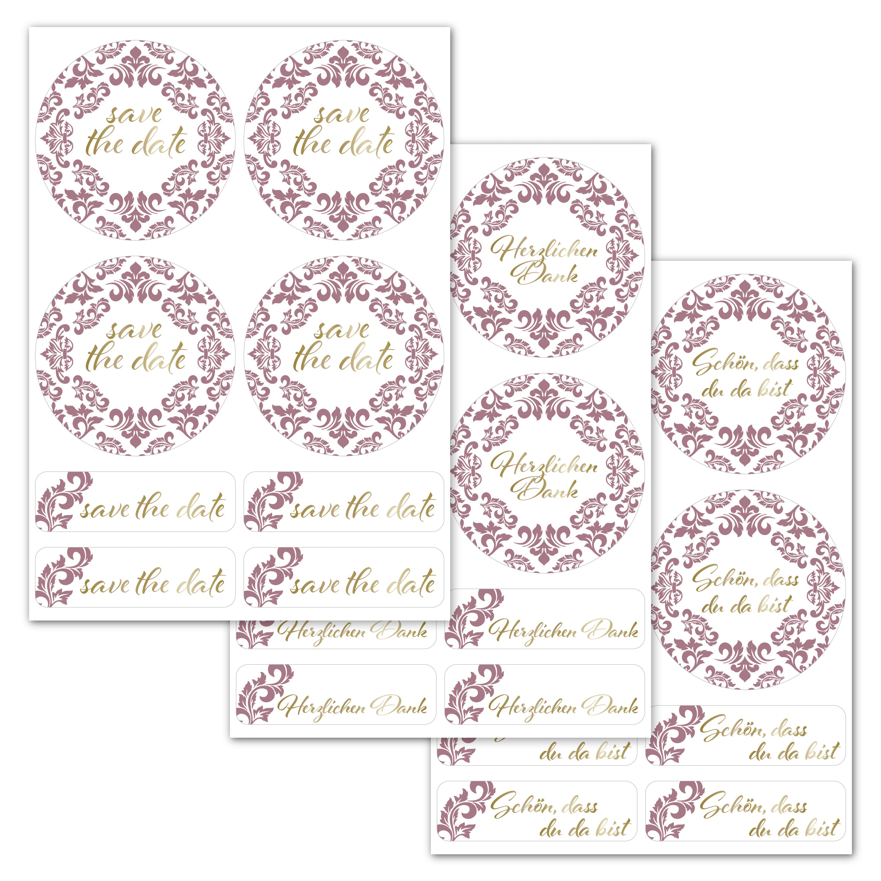 Aufkleber für Hochzeit "Ornament" (Set mit 80 Aufklebern in verschiedenen Größen & Texte)