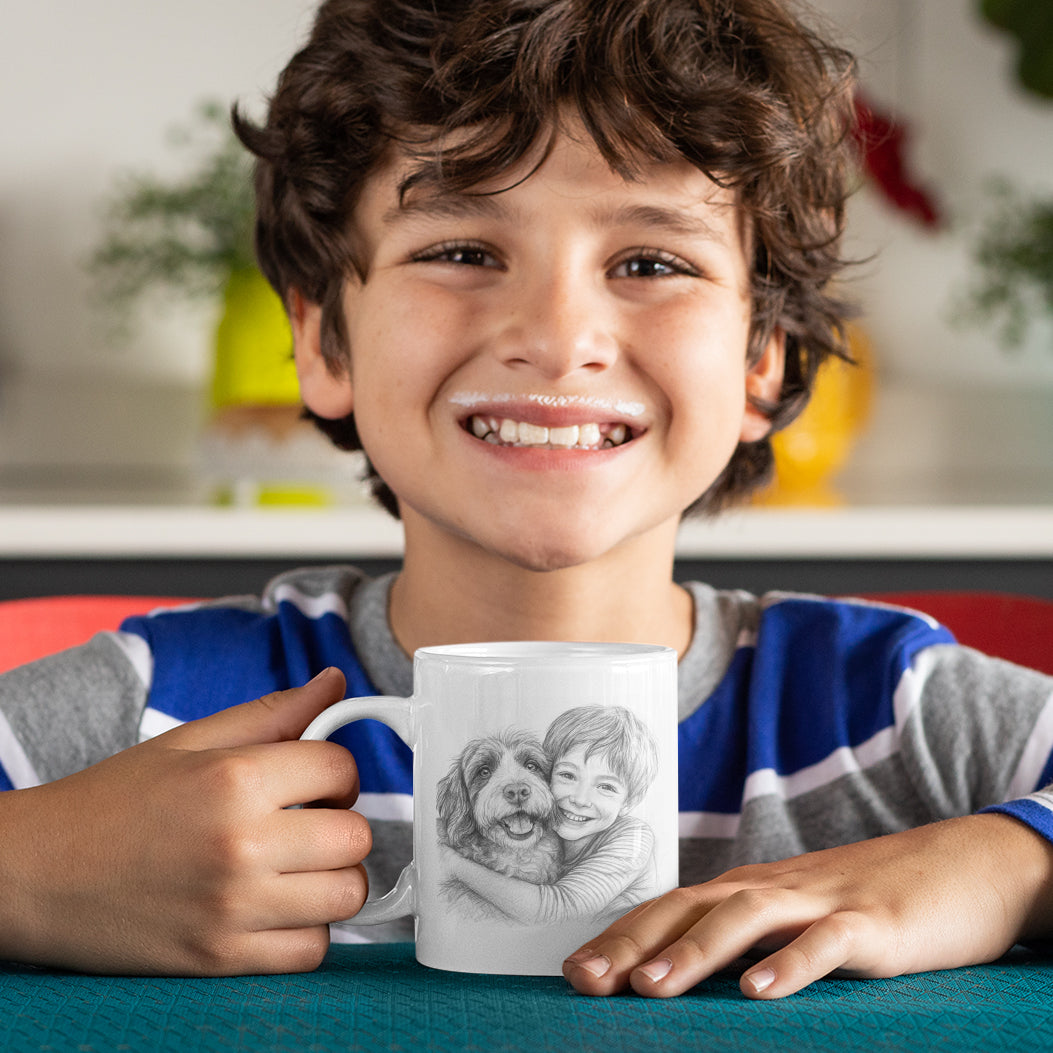 Personalisierte Keramiktasse mit Bleistiftzeichnung, individuell gestaltet, ideal als Geschenk, aufkleberdrucker.de