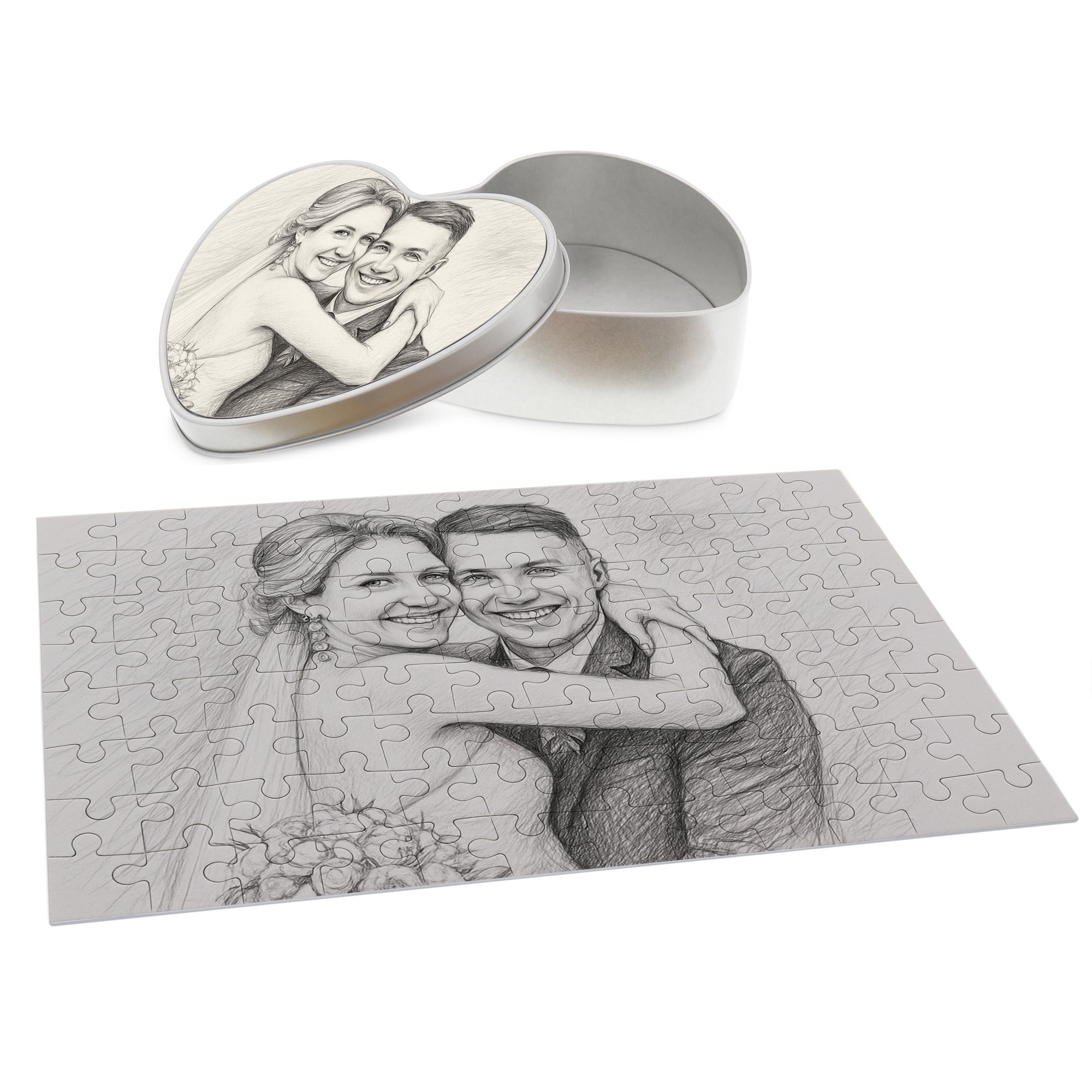 Puzzle mit Bleistiftzeichnung und Individualisierung (inkl. Herzdose – 96 Teile) - adressaufkleber-fabrik.de