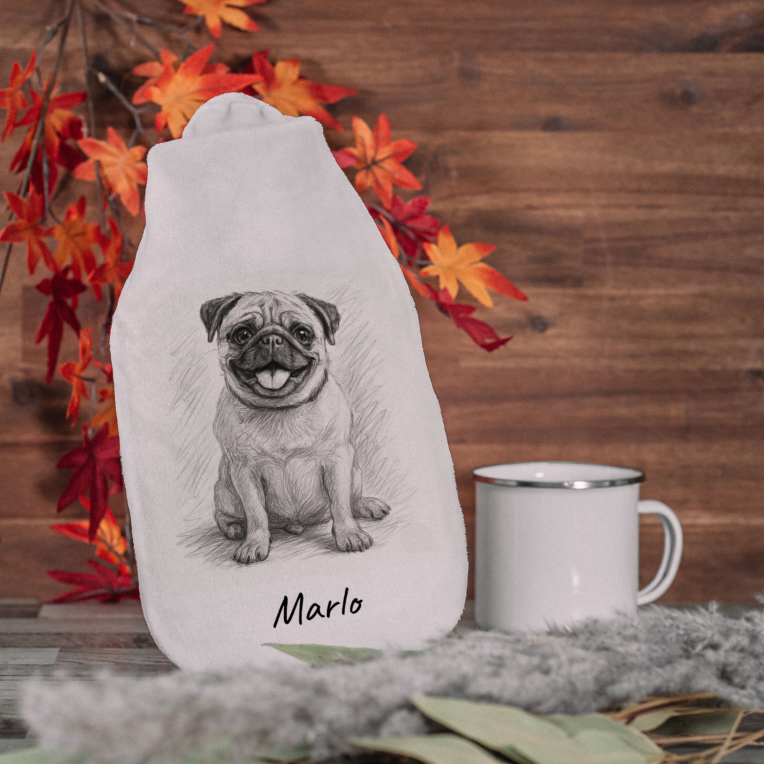 Wärmflasche mit Bleistiftzeichnung und Individualisierung - aufkleberdrucker.de