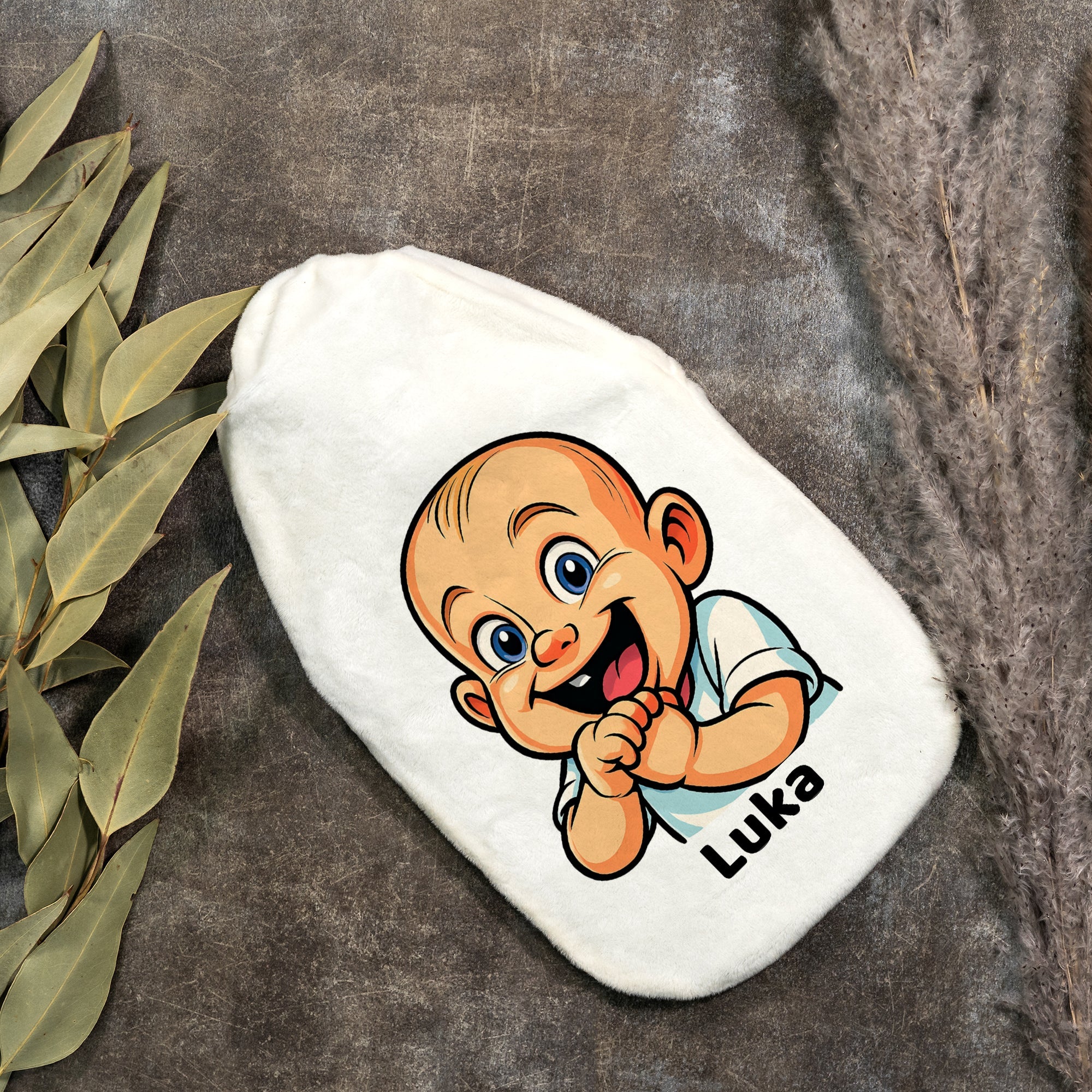 Wärmflasche mit Karikatur und Individualisierung - aufkleberdrucker.de