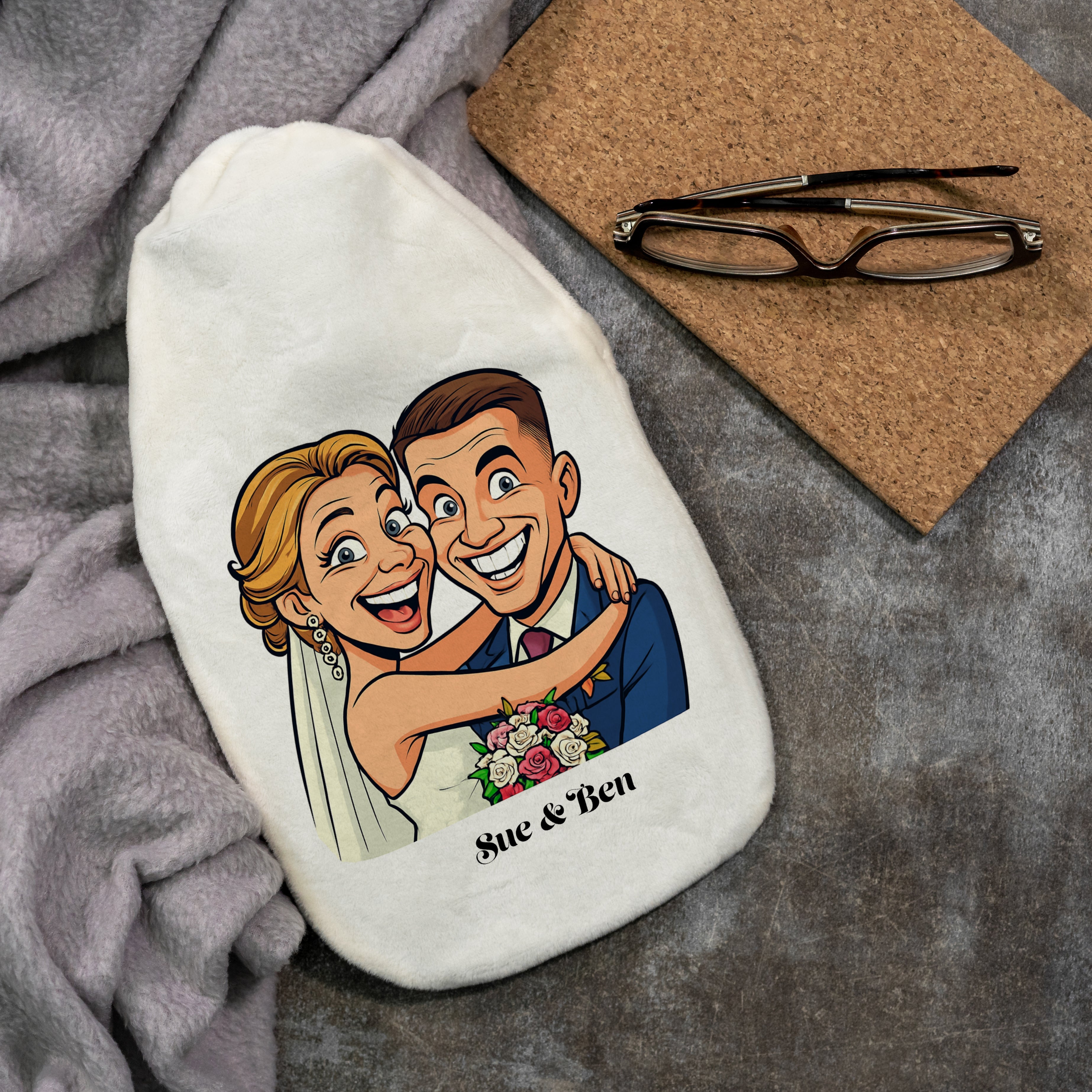 Wärmflasche mit Karikatur und Individualisierung - aufkleberdrucker.de