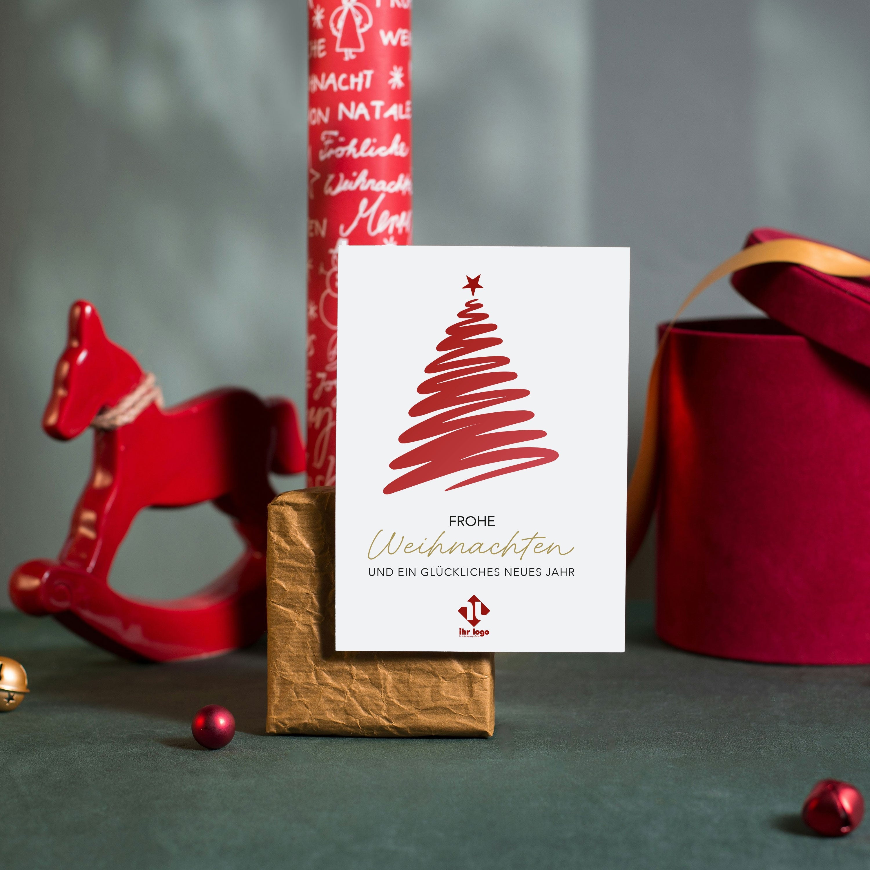 Weihnachtsgrußkarte im DIN A6-Format mit Umschlag, personalisiert mit Logo oder Namen, festliches Weihnachtsmotiv, von aufkleberdrucker.de