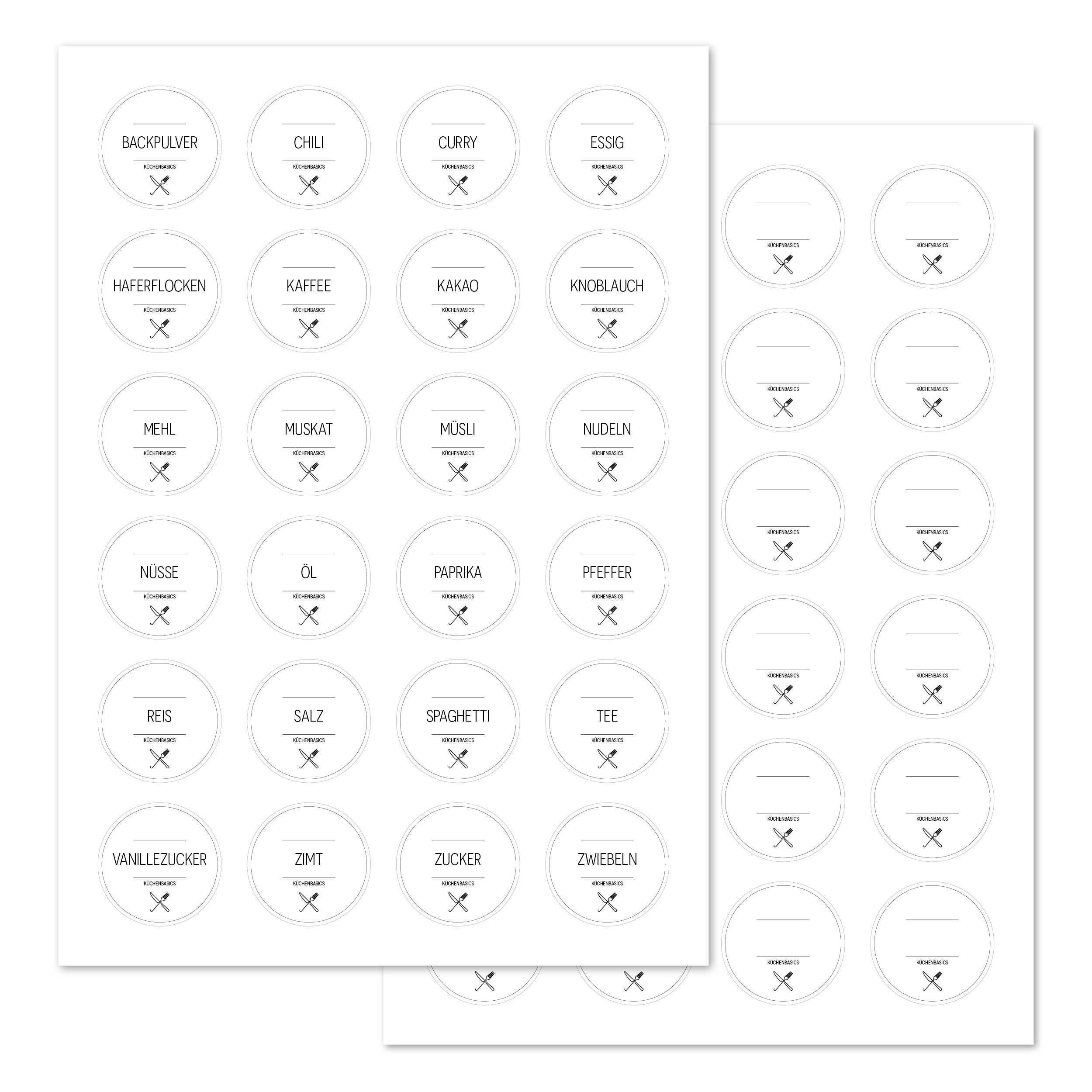 Weiße runde Küchenaufkleber im Set mit 48 Stück, ideal für die Dekoration und Organisation in der Küche.