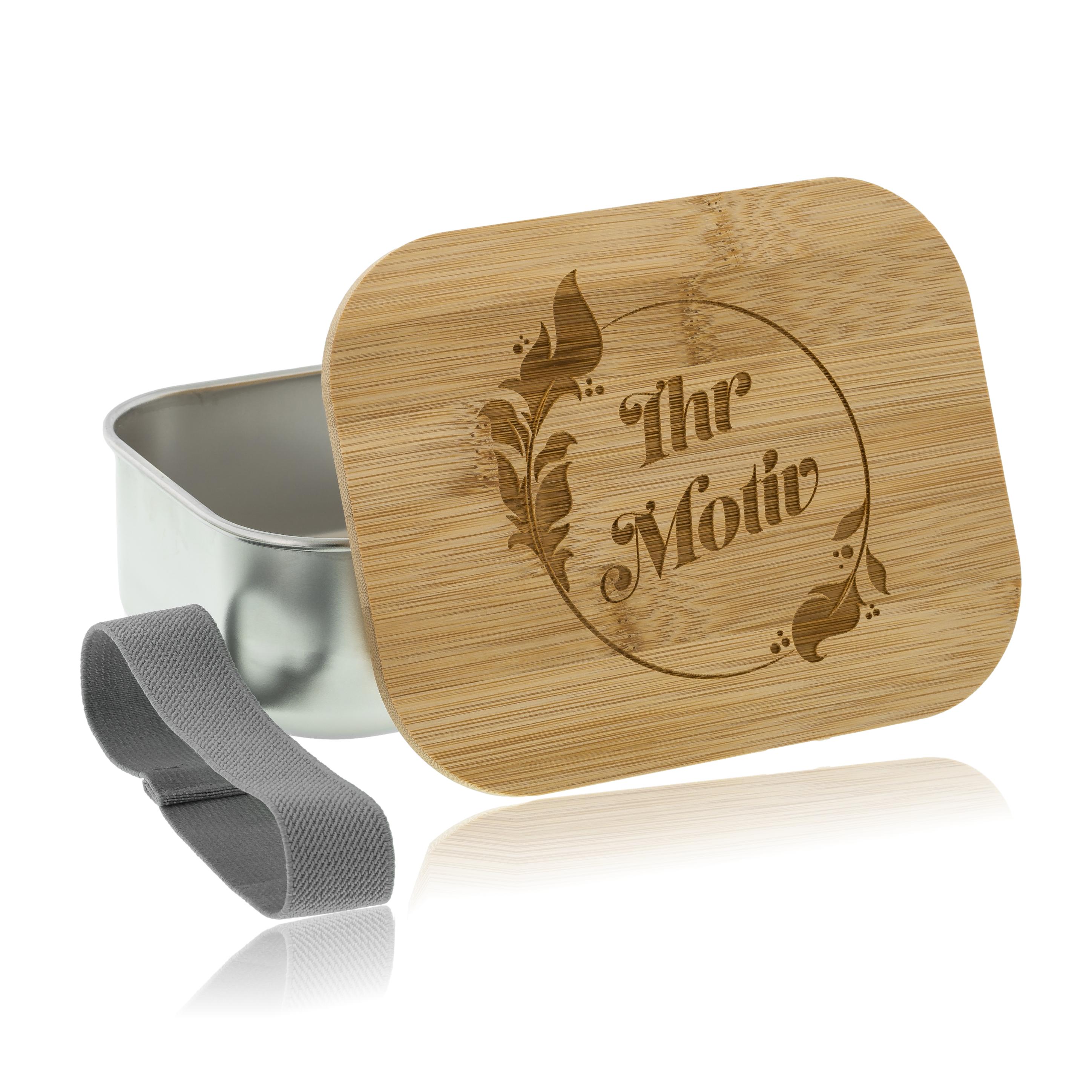 Edelstahl-Lunchbox mit Bambusdeckel und Verschluss, individuell graviert, ideal für Kinder und unterwegs.