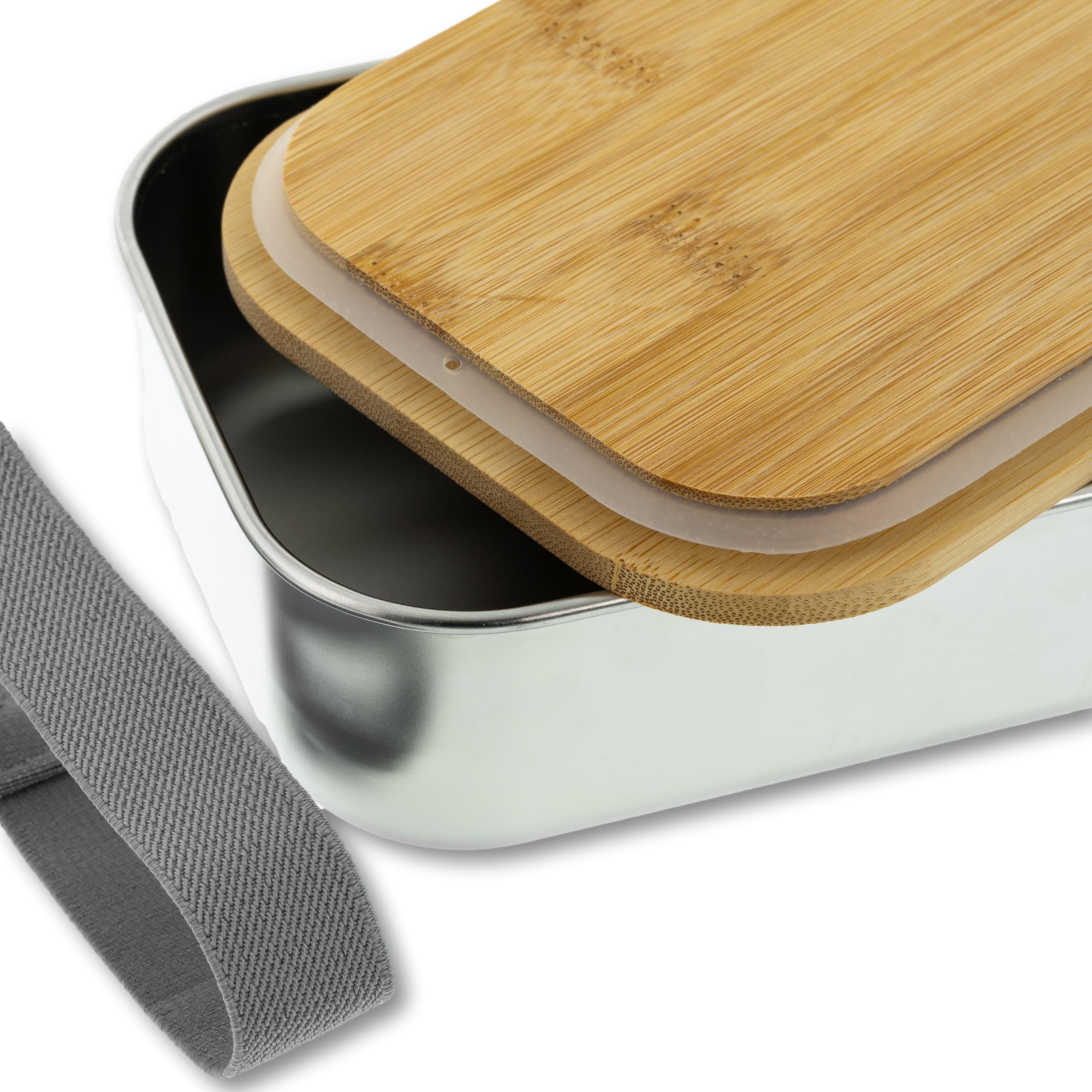 Edelstahl-Lunchbox mit Bambusdeckel und Verschluss, individuell graviert, ideal für nachhaltige Mittagspausen, von kinder-druckerei.de