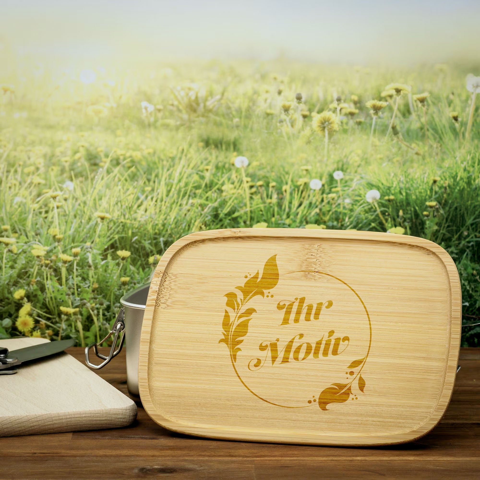 Edelstahl Lunchbox mit Bambusdeckel und Verschluss, individuell graviert, ideal für Kinder, von kinder-druckerei.de