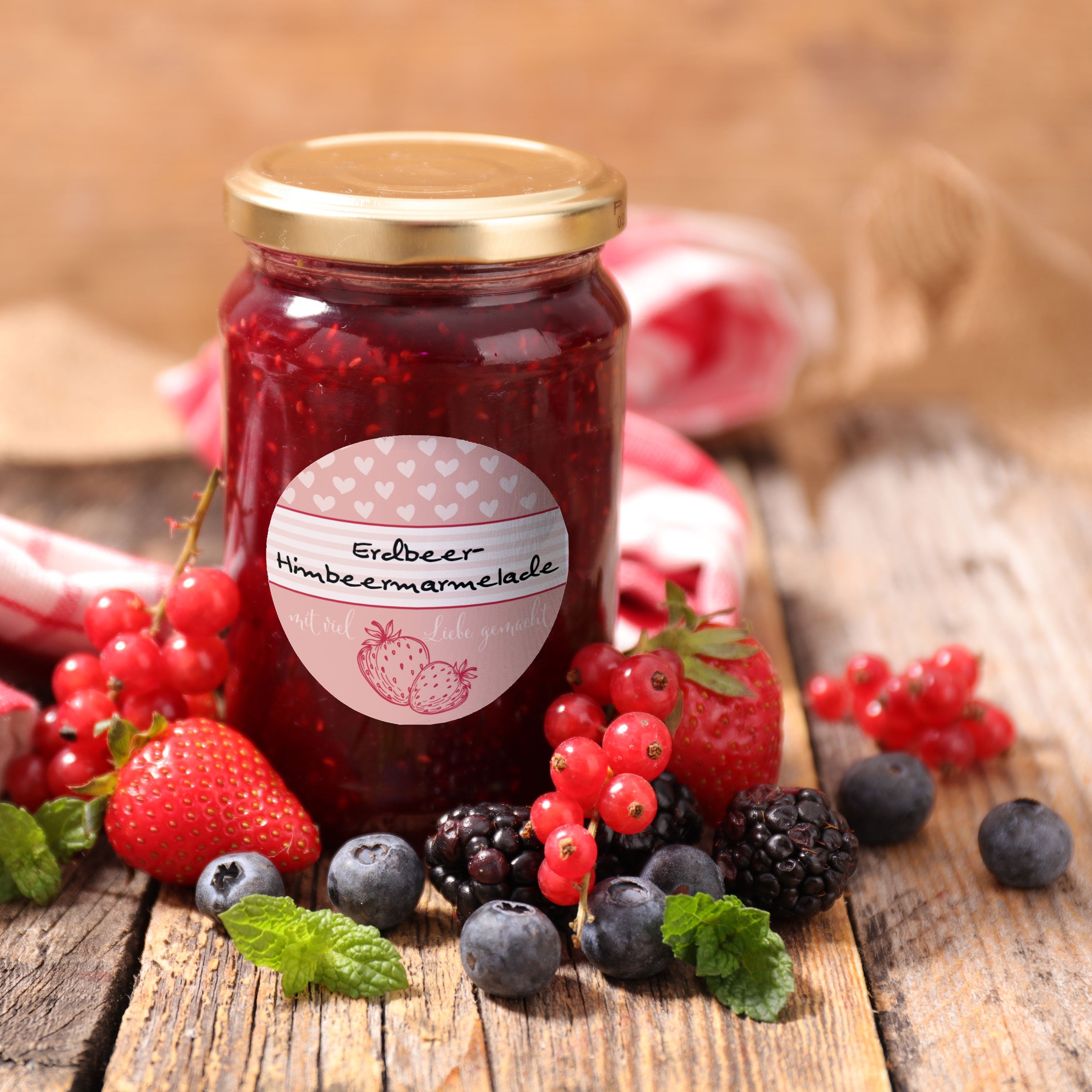 Bunte Marmeladenetiketten im Set mit Herz-Erdbeere-Design, 3 Bögen, 200x300 mm, für selbstgemachte Marmeladengläser