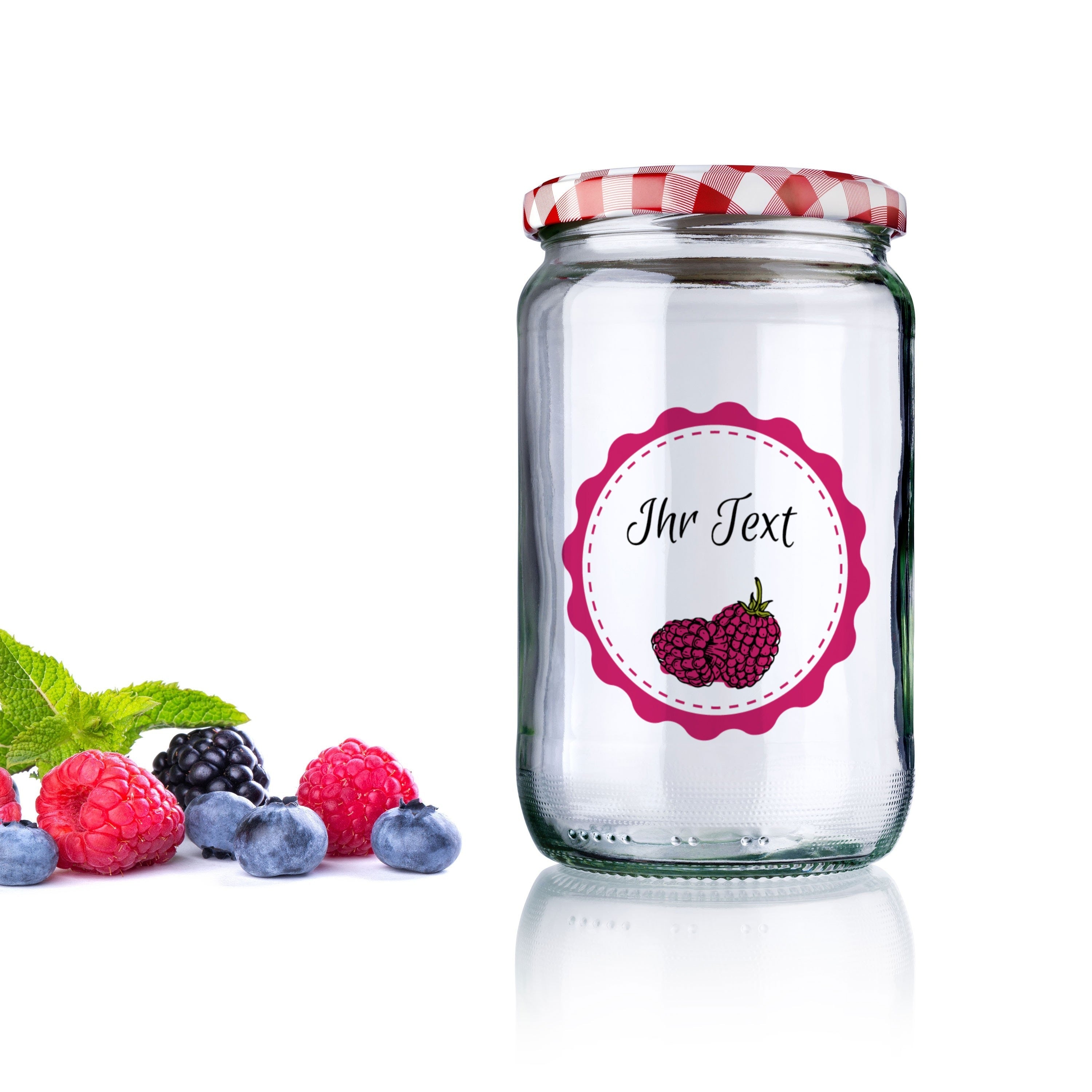 Marmeladenetiketten Set mit verschiedenen Motiven, 3 Bögen, 200x300 mm, mit Himbeerenzeichnung für selbstgemachte Marmeladen.