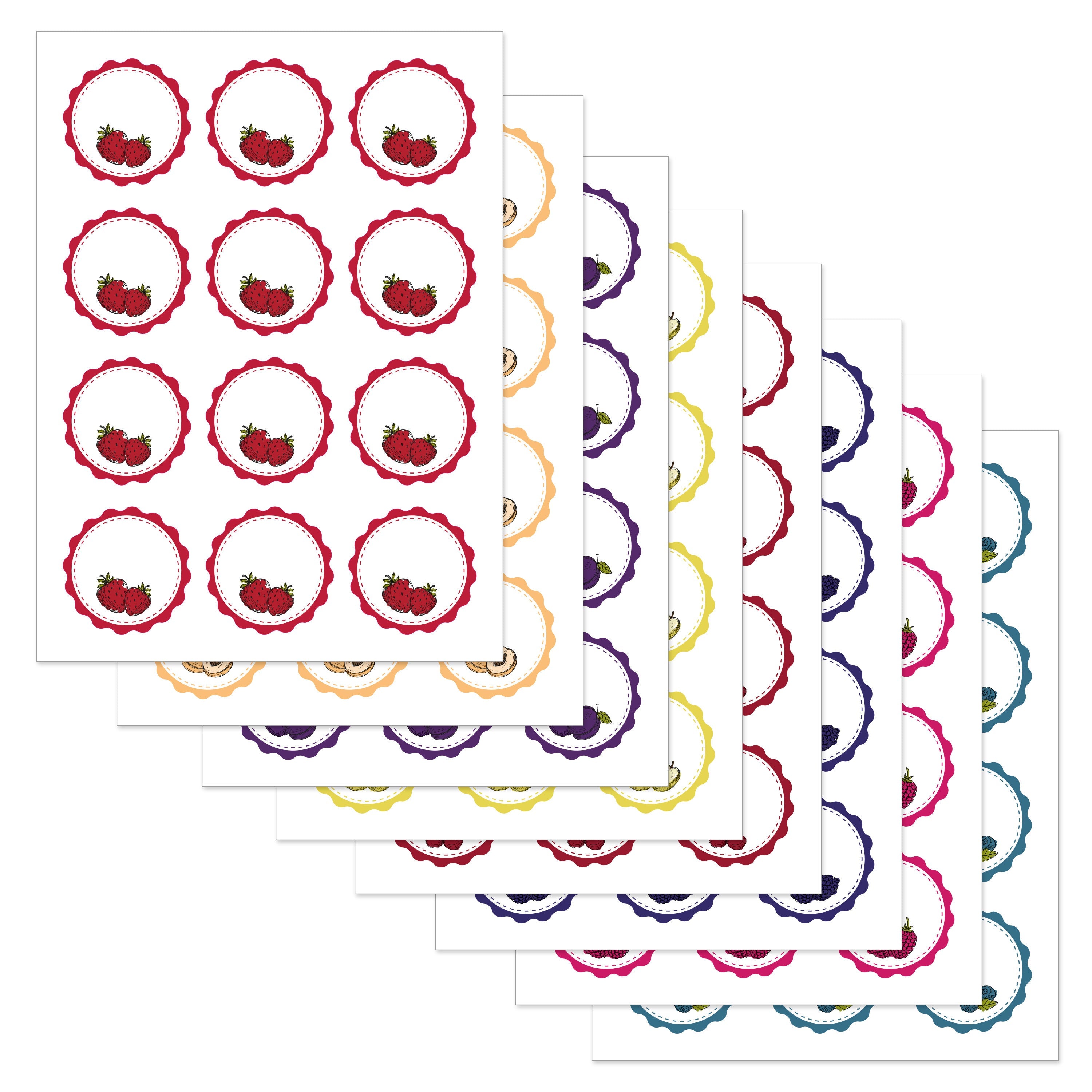 Set aus Marmeladenetiketten mit verschiedenen Motiven auf drei Bögen, ideal für selbstgemachte Marmeladen.
