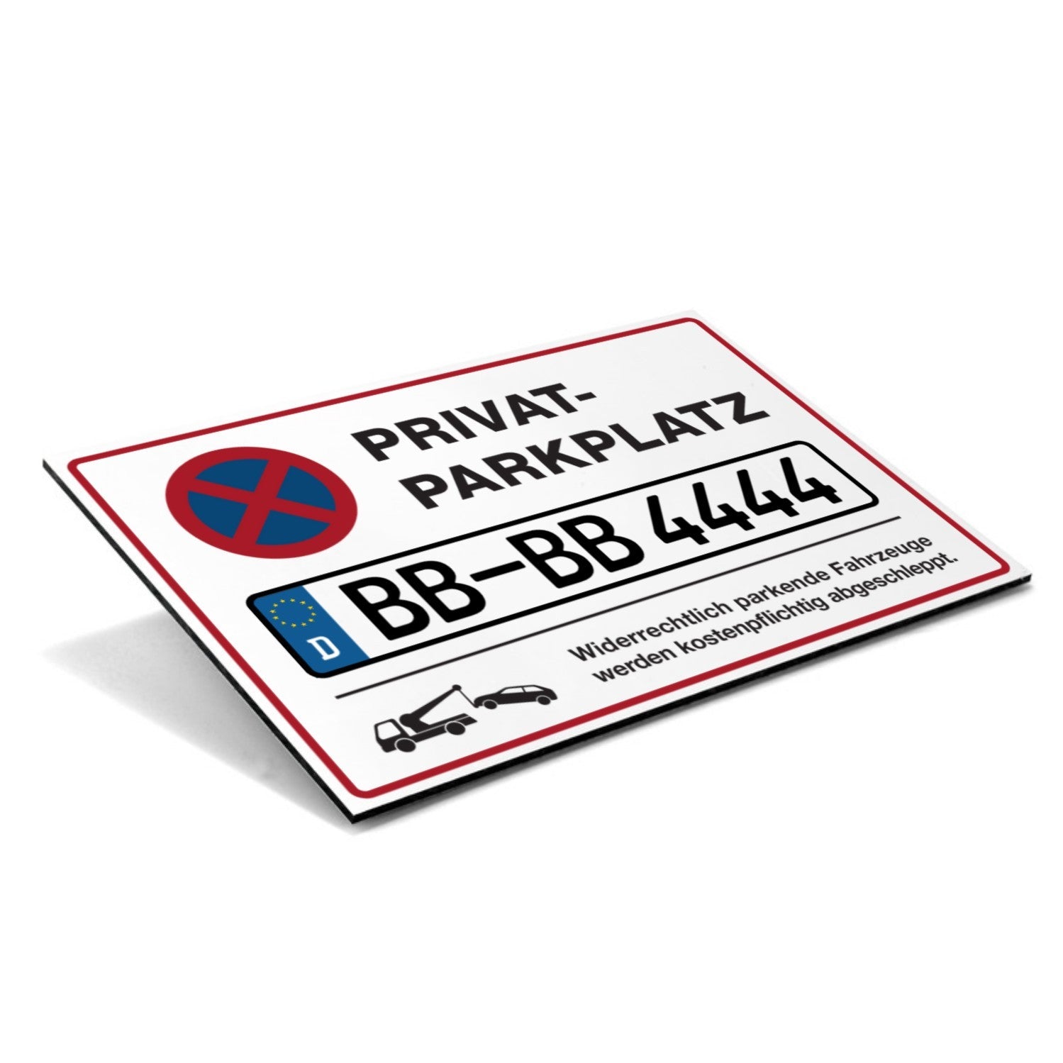 Schild "Privatparkplatz" mit individuellem Kennzeichen, 300x200 mm, aus langlebigem Material, zeigt personalisierte Parkplatzbeschilderung