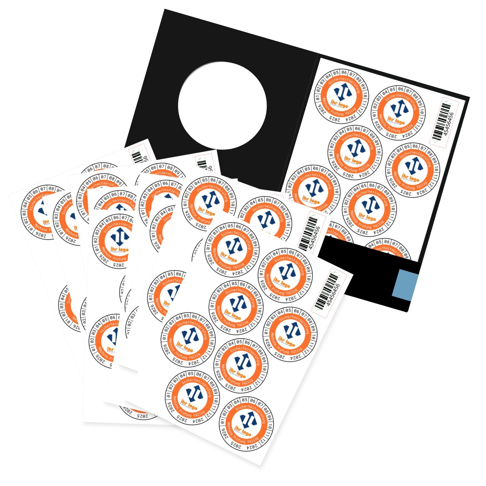 80 Stück Orafol Prüfplaketten, 35 mm Jahres- und Monats-Siegel mit individuellem Logo, praktische Kennzeichnung für Fahrzeuge.
