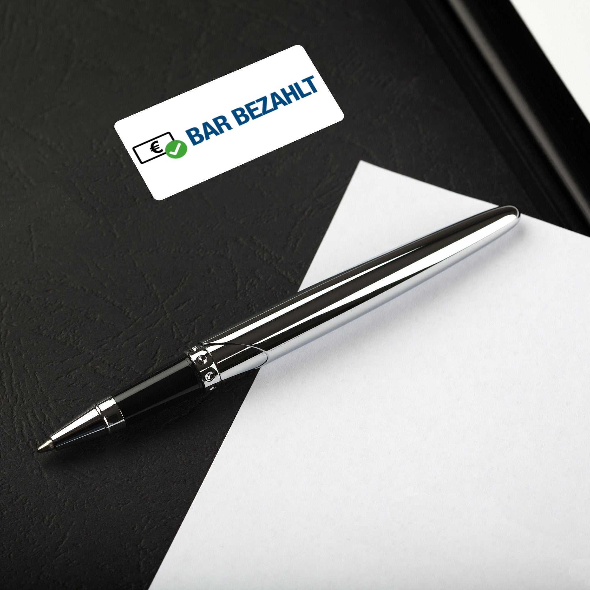 Aufkleber mit Piktogramm "BAR BEZAHLT" auf Rollenetikett, 60x30 mm, 250 Stück, für Barzahlung, aufkleberdrucker.de