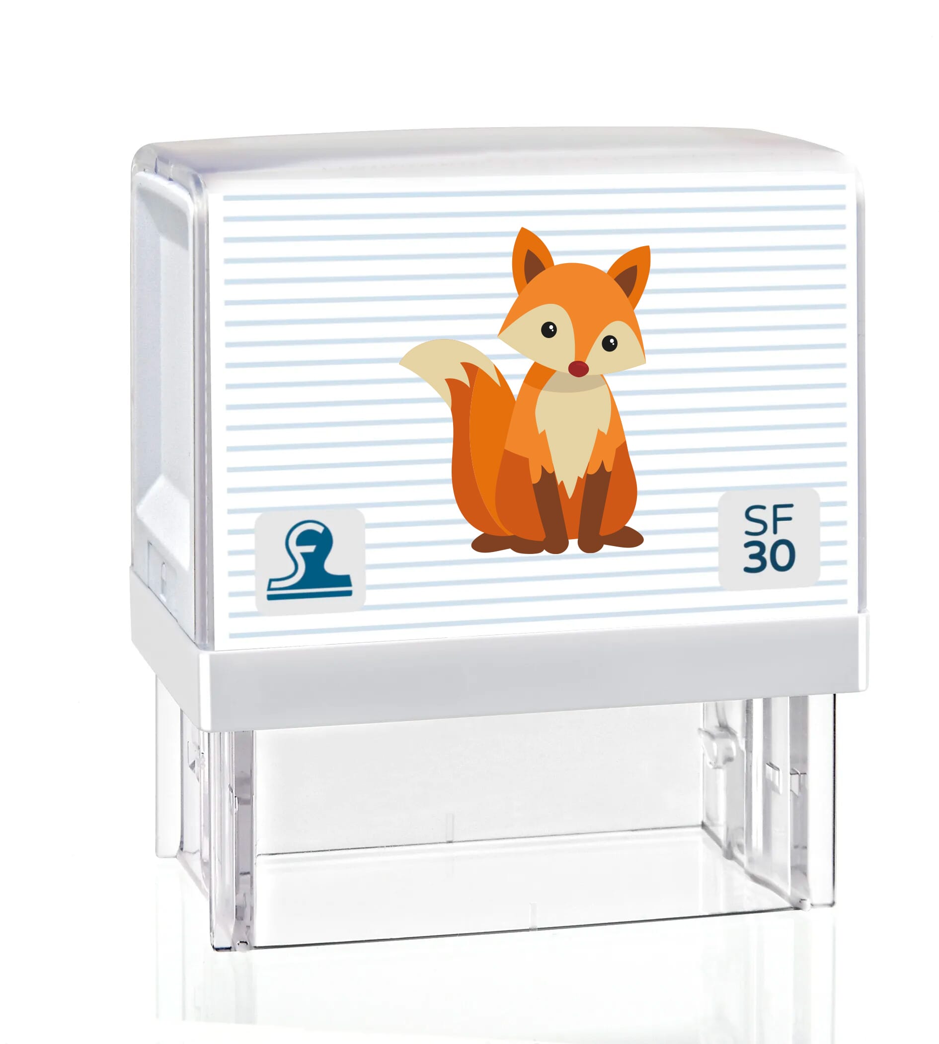 Kinderstempel mit 5 Zeilen, Motiv, Namens- und Adressstempel, 47 x 18 mm, von stempel-fabrik.de, auf Papier gelegt.