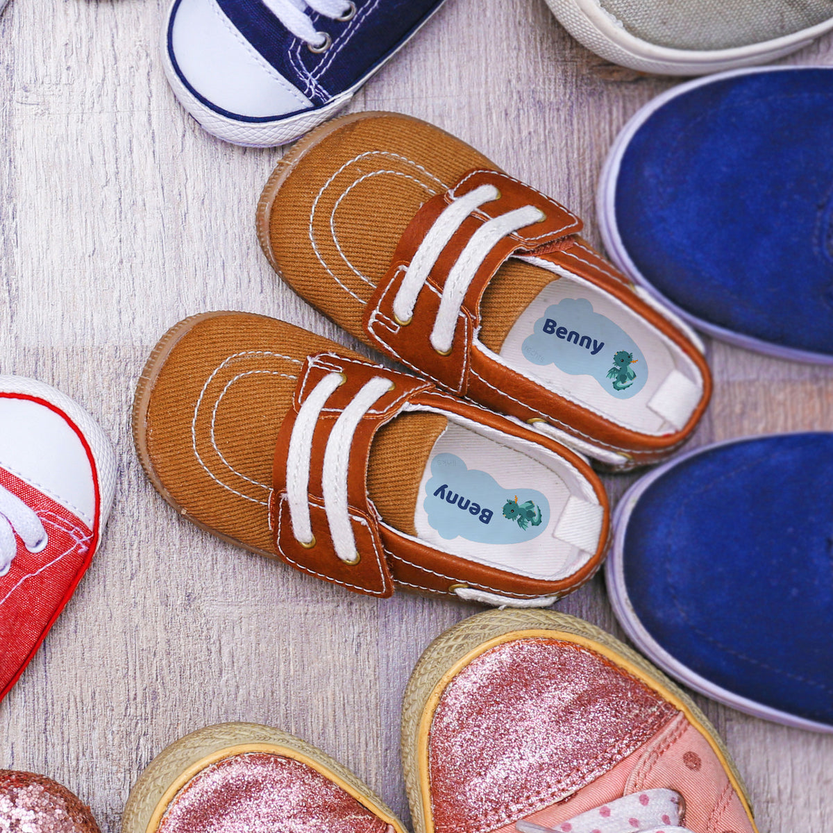 12 personalisierte Schuh-Etiketten mit Beschriftung, ideal zum Markieren von Schuhen, aufkleberdrucker.de