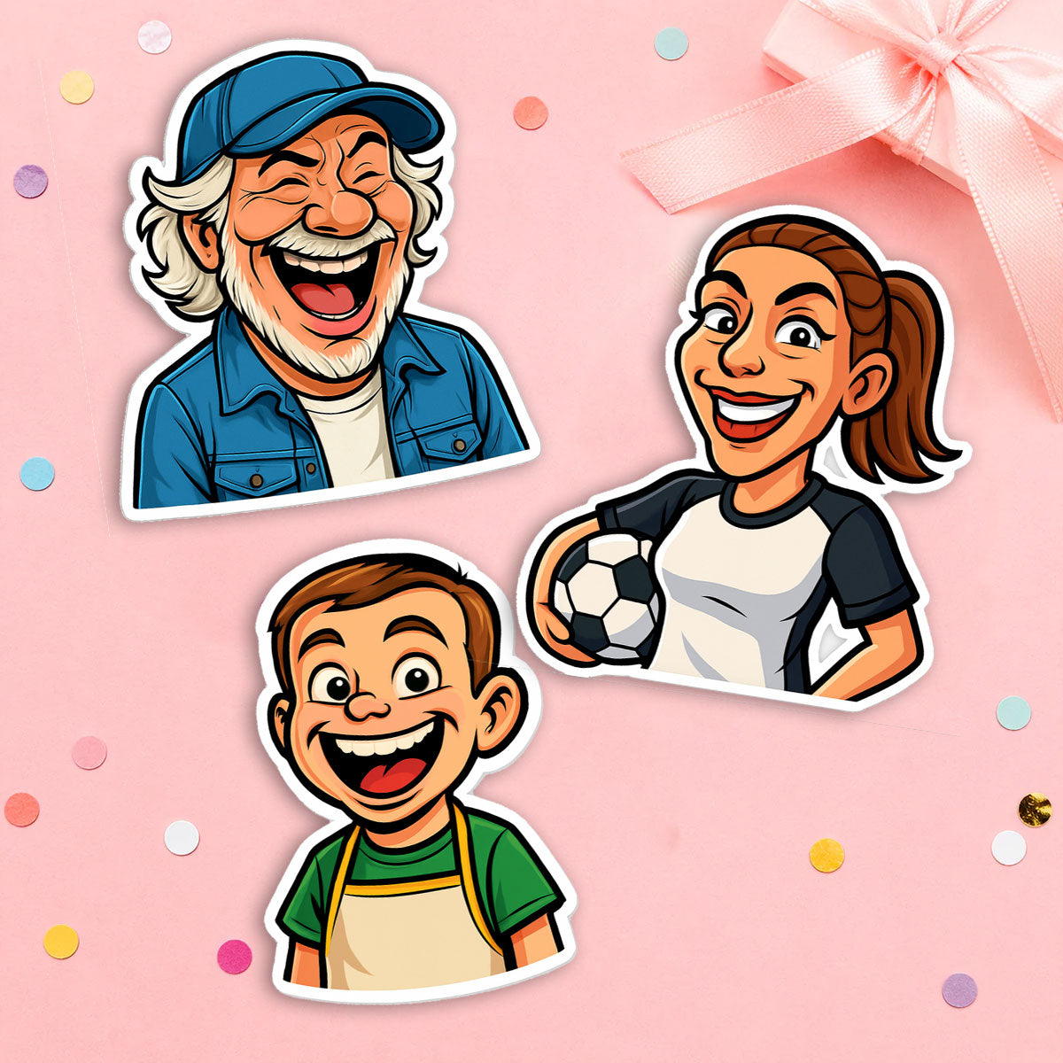 Personalisierter Karikatur-Sticker nach Foto, konturgeschnitten, von aufkleberdrucker.de, zeigt den individuell gestalteten Aufkleber.