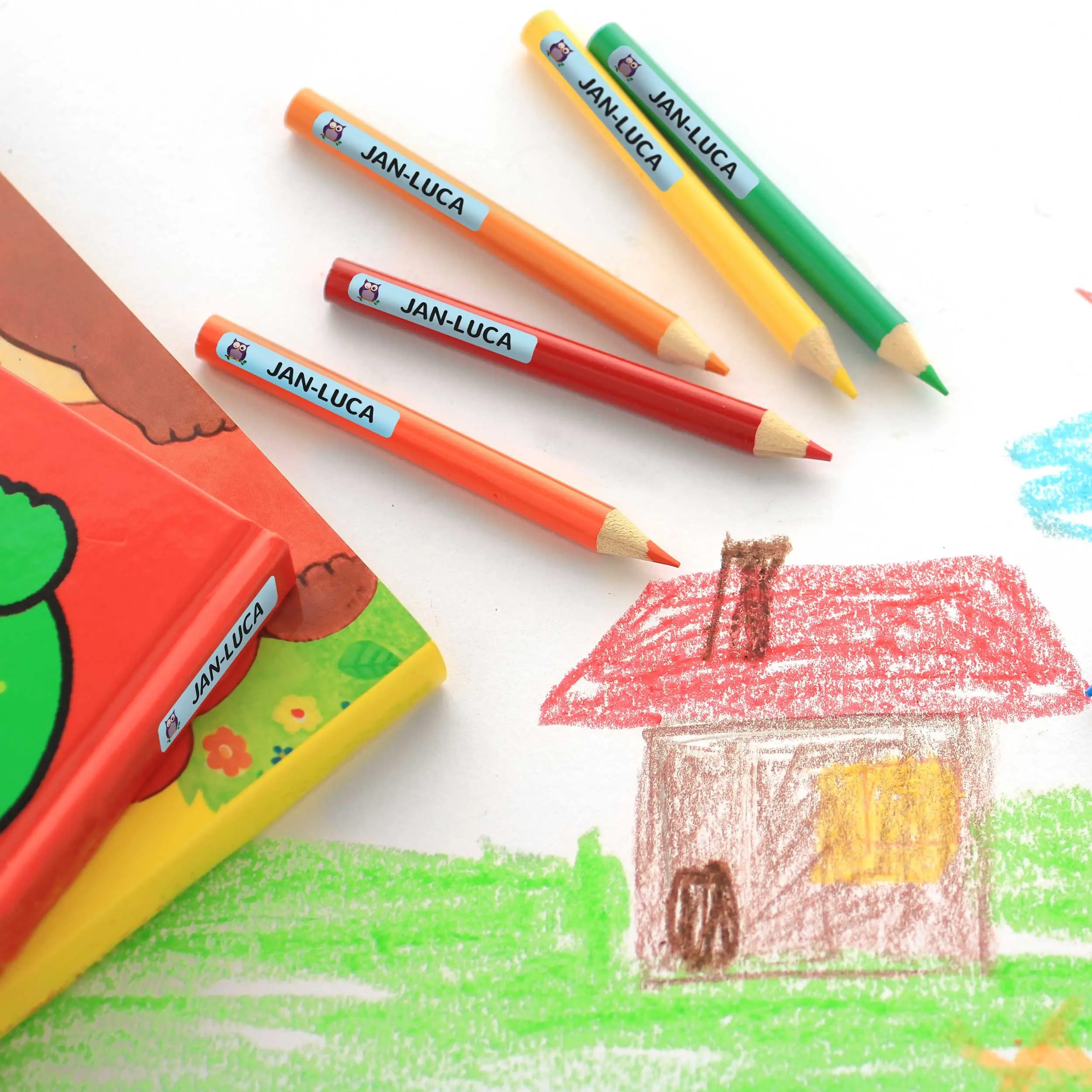 Bunte Stiftaufkleber für Kinder, 215 Stück, 40x6 mm, mit bunten Designs auf weißem Hintergrund