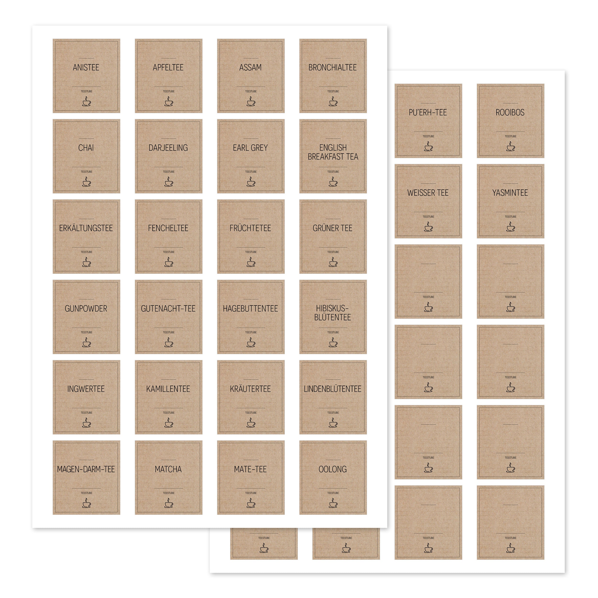 Set mit 48 Teedosen-Aufklebern, braune eckige Tee-Etiketten, ideal für Teestube oder Teedosen, von aufkleberdrucker.de