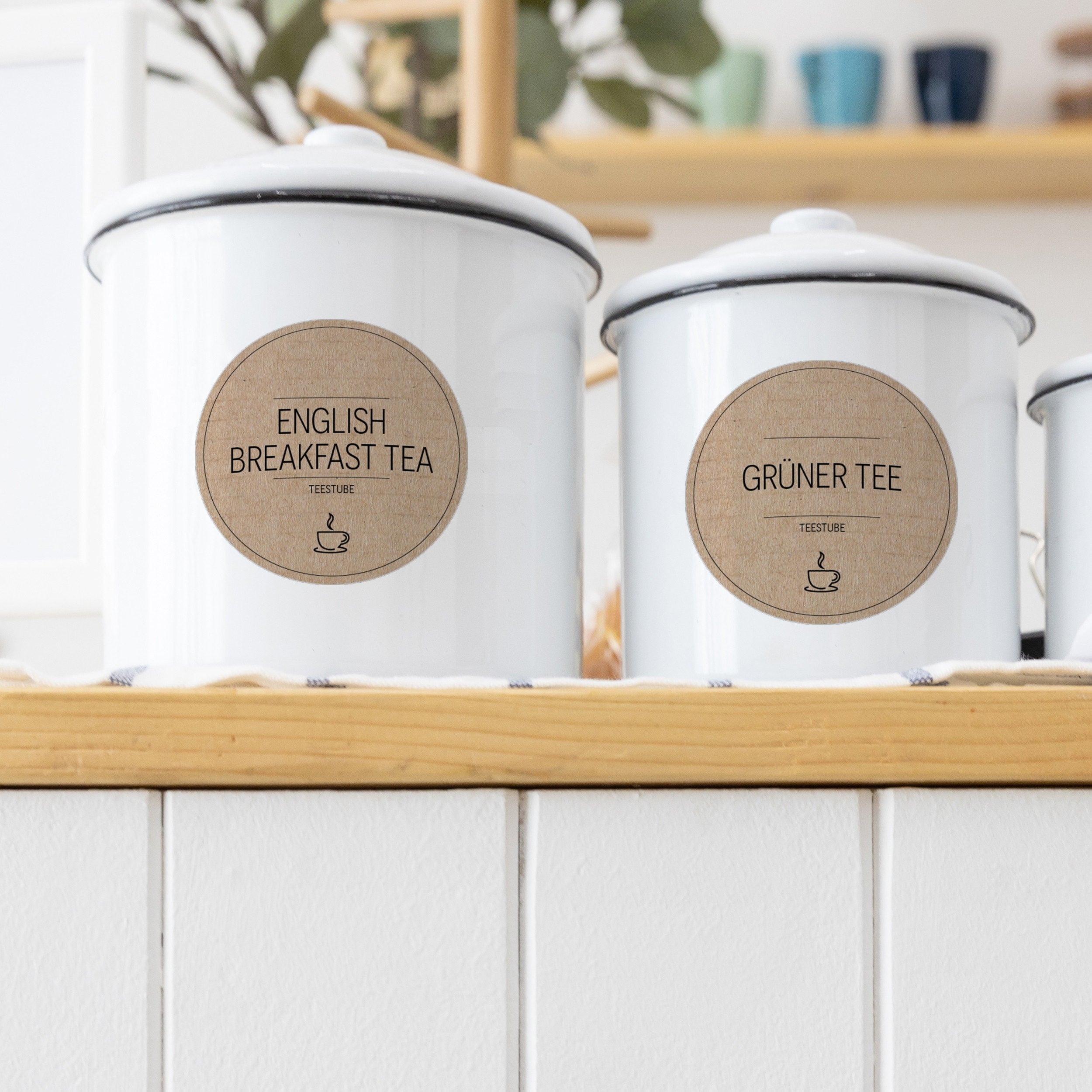 Runde Tee-Aufkleber für Teedosen, braune Design, Set mit 48 Etiketten, ideal für Tee-Verpackungen und Teedosen.