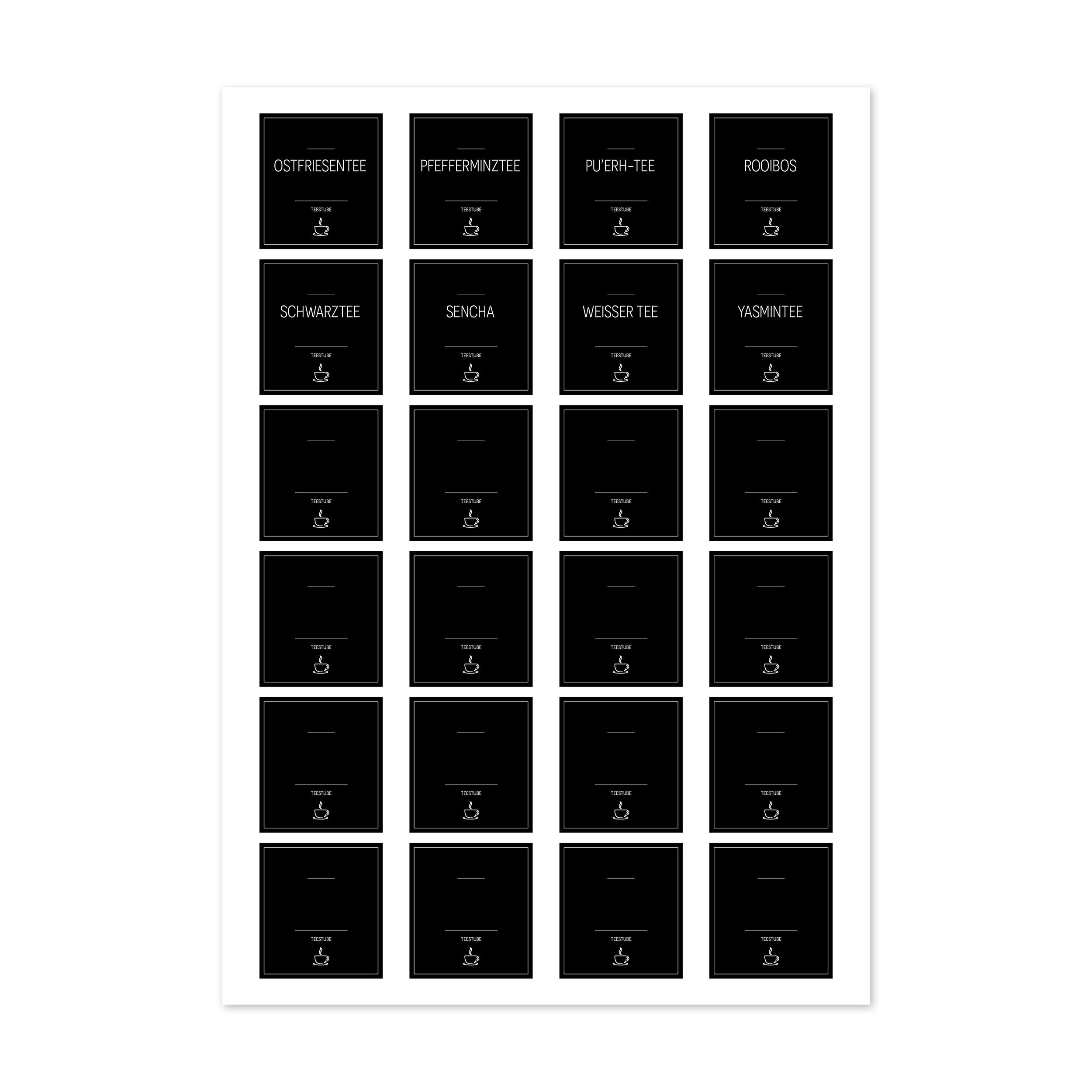Schwarze, eckige Tee-Aufkleber für Teedosen, 48 Stück, mit elegante Teestube-Designs, perfekt für Tee-Etiketten.