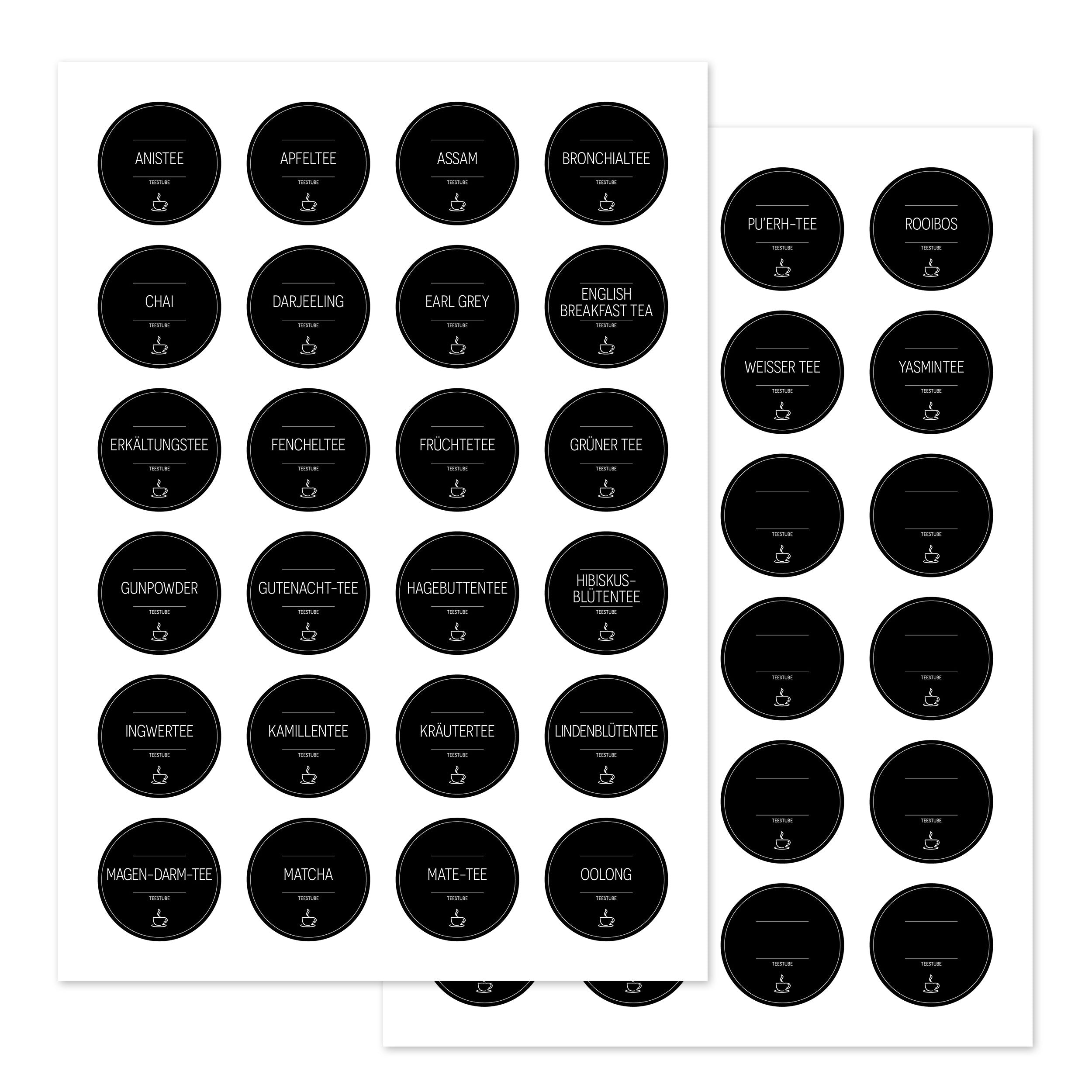 Runde Tee-Aufkleber in Schwarz, Set mit 48, perfekt für Teedosen und Tee-Etiketten, aufkleberdrucker.de