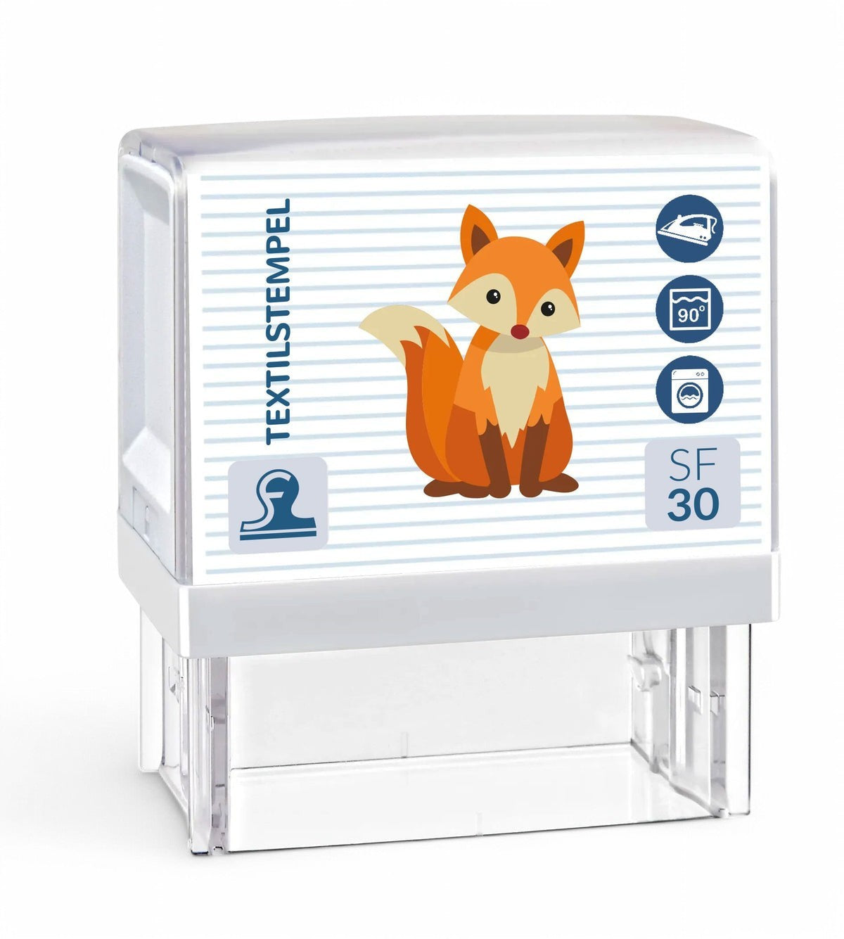 Textilstempel für Kinder mit Motiv und Personalisierung, 47 x 18 mm, zeigt den individuell gestalteten Stempel auf Stoff.