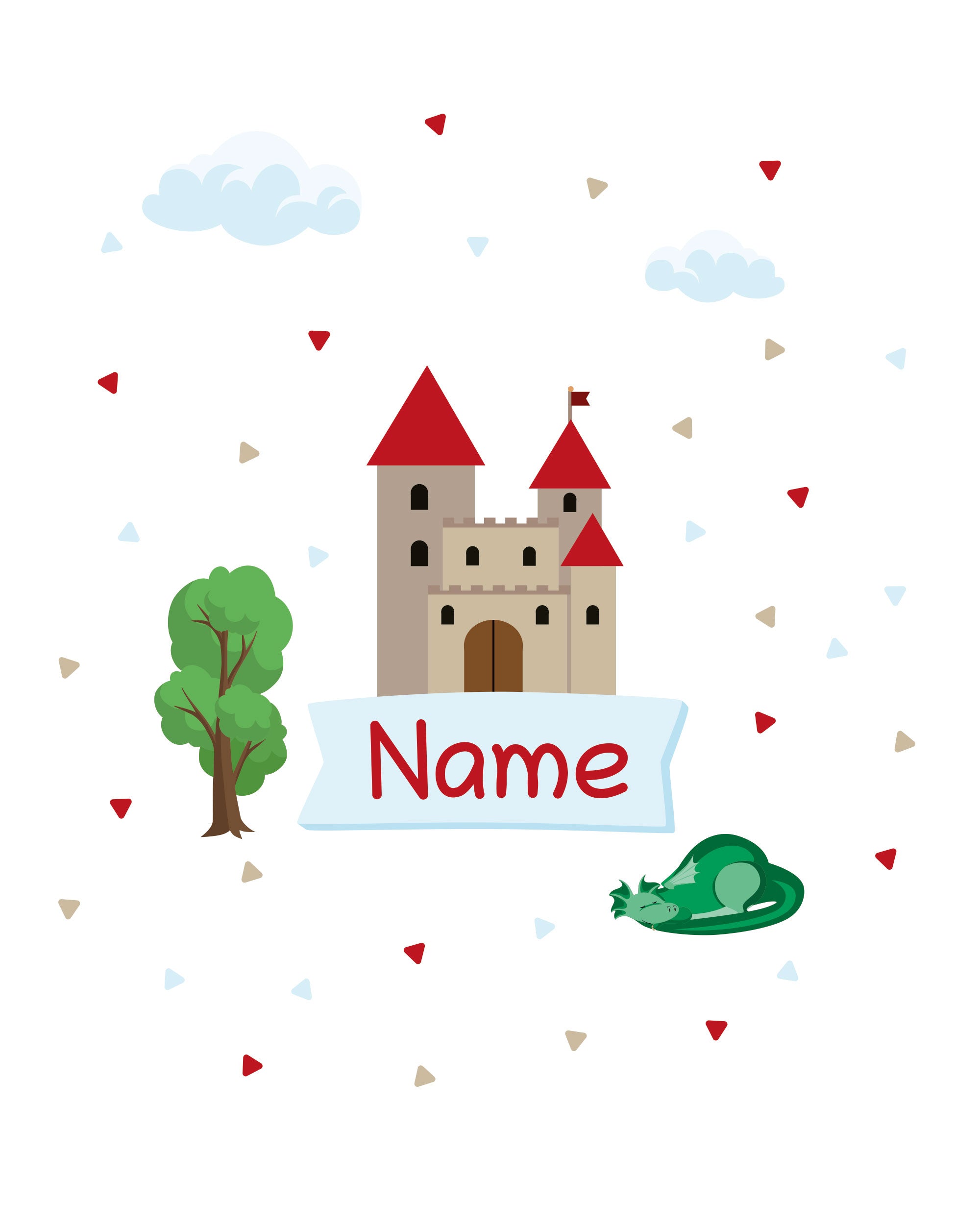 Individualisierbarer Türaufkleber mit Burgmotiv für das Kinderzimmer, detailreiches Burgdesign auf selbstklebender Folie