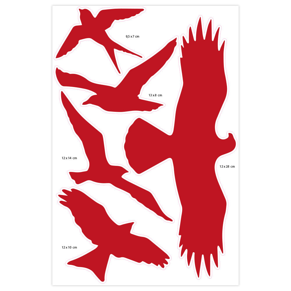 Vogel-Silhouetten-Aufkleber in Rot auf Bogen, ideal zum Vogelschutz, auf Papier oder Glas, von aufkleberdrucker.de