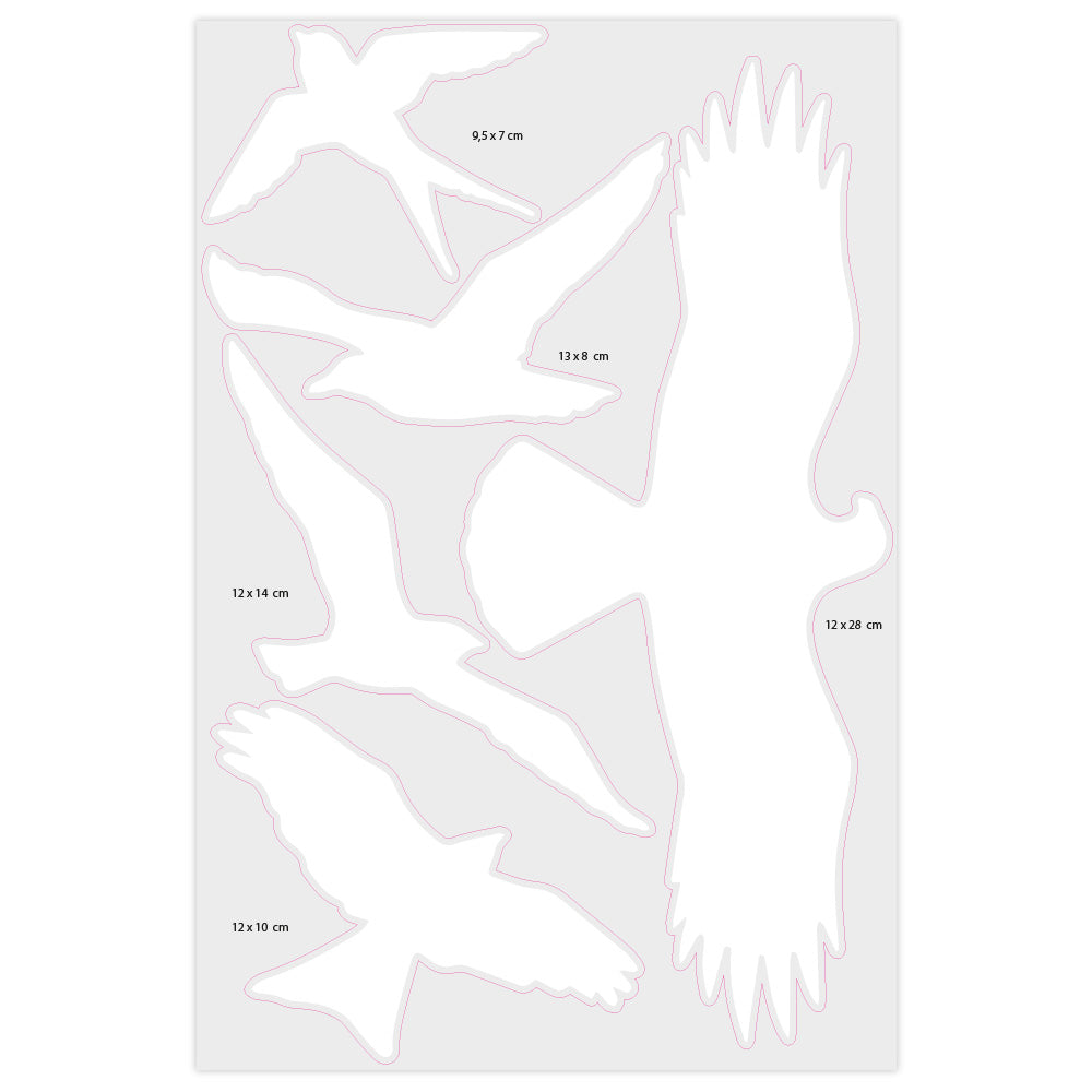 Weißer Vogel-Silhouette-Aufkleber auf weißem Hintergrund, Teil eines 2-Bögen-Sets für Vogelschutz und Dekoration.