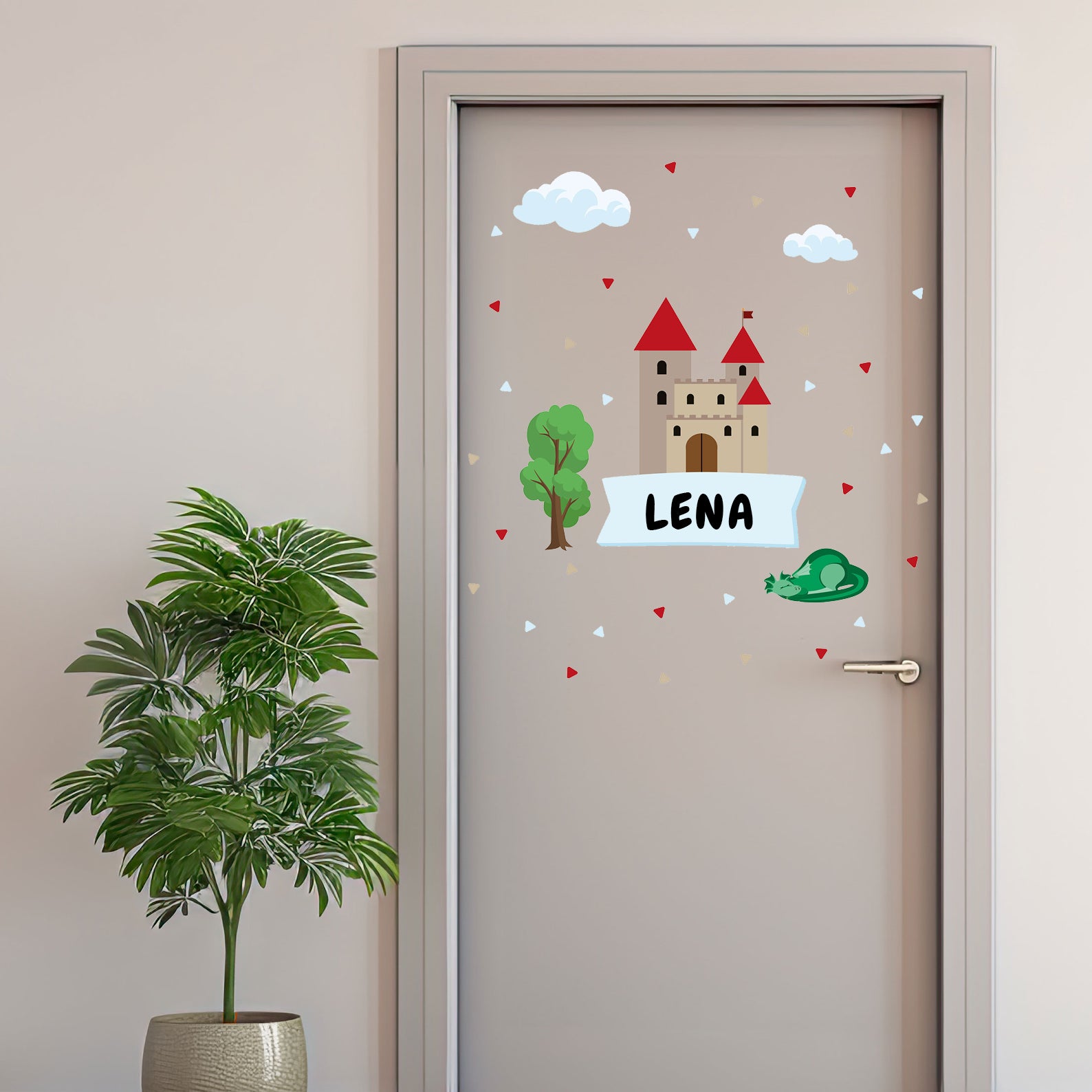 Individualisierbarer Wandtattoo-Türaufkleber mit Burgmotiv für das Kinderzimmer, von aufkleberdrucker.de, detailreiche Wanddekoration