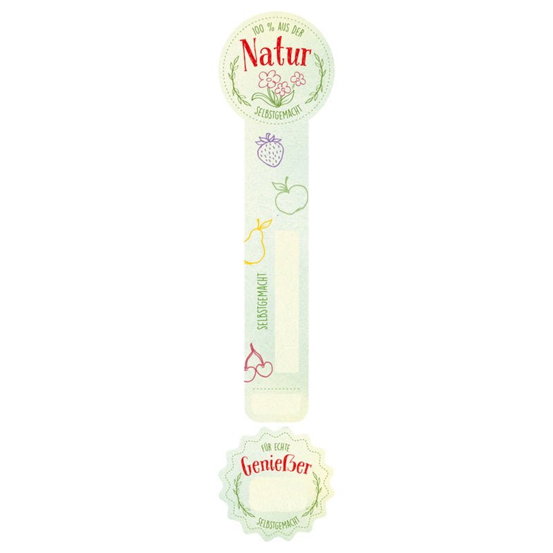 Aufkleber Frischesiegel "100 % Natur" von Avery Zweckform, 30 Stück, mit grüner Blätter-Design, auf weißem Hintergrund.