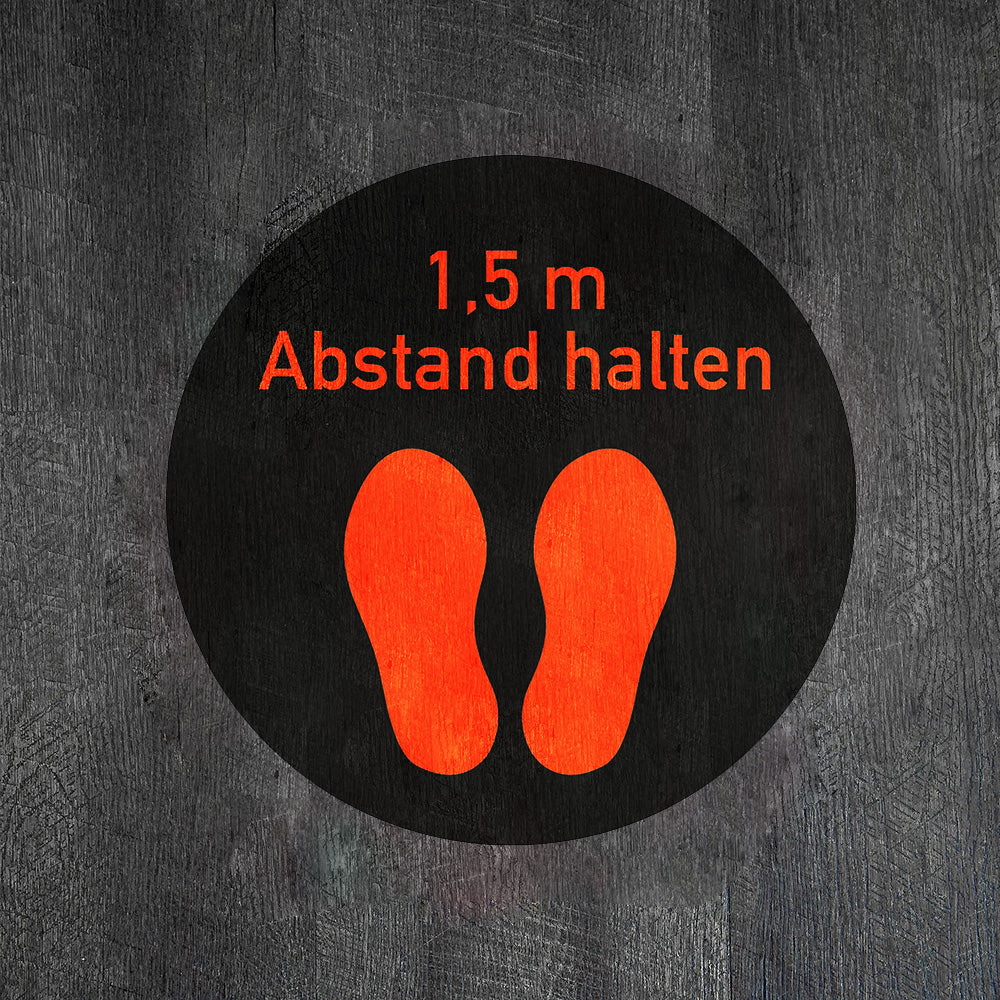 Orangener Fußbodenaufkleber mit 1,5 m Abstand halten, 300x300 mm, für Abstandshinweis auf Böden.