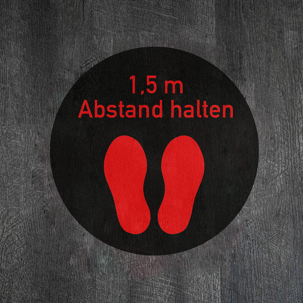 Roter Fußbodenaufkleber mit 1,5 m Abstand halten, 300x300 mm, für soziale Distanz auf Bodenflächen.